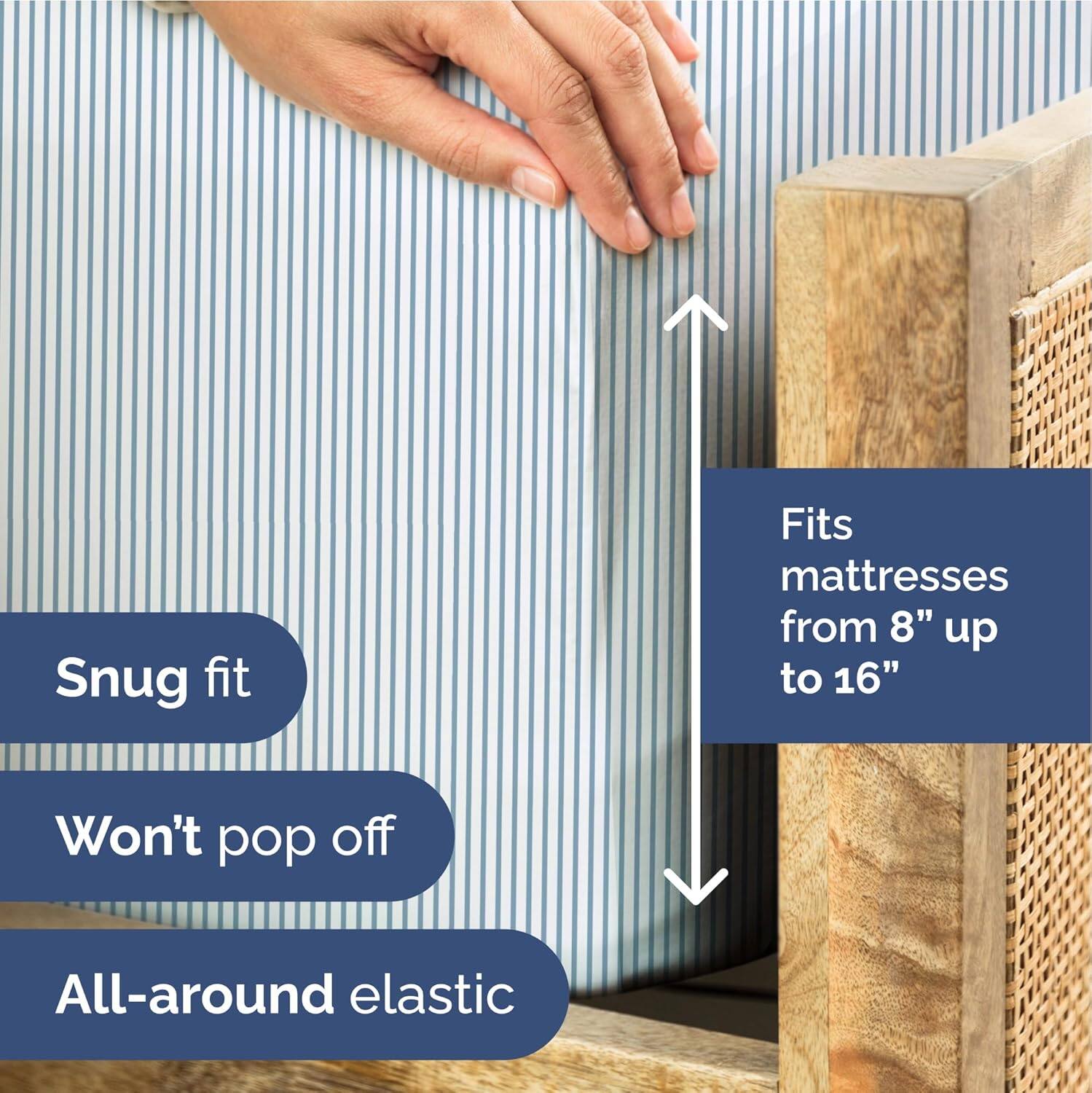 - Snug fit
- Fits mattresses from 8" up to 16"
- Won't pop off
- All-around elastic