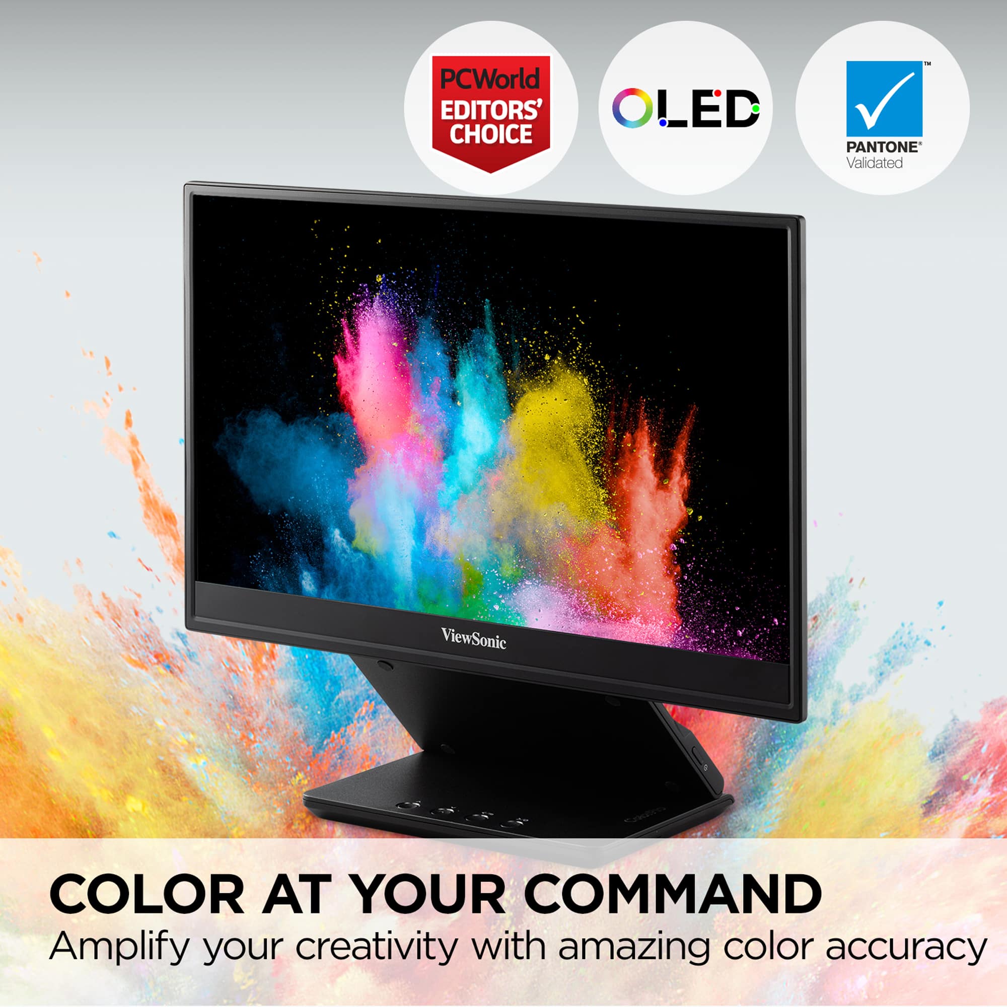 The text on the image reads: "PCWorld EDITORS' CHOICE LED I PANTONE Validated ViewSonic COLOR AT YOUR COMMAND Amplify your creativity with amazing color accuracy."
