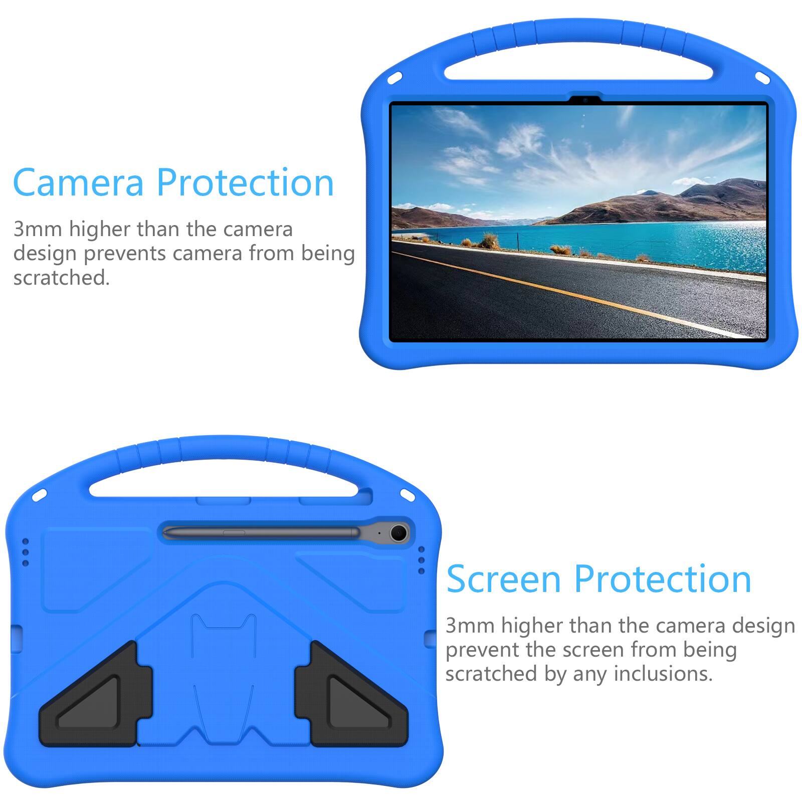 Camera Protection  
3mm higher than the camera design prevents camera from being scratched.  

Screen Protection  
3mm higher than the camera design prevent the screen from being scratched by any inclusions.