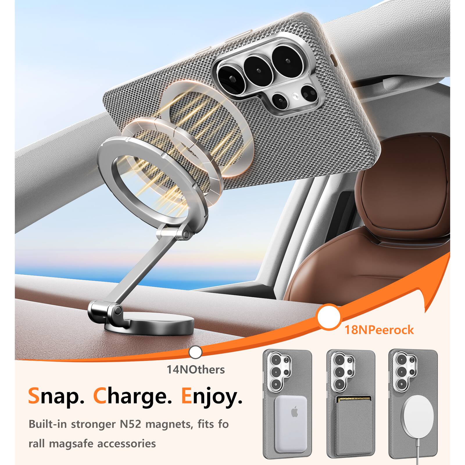 18NPeerock  
14NOthers  

Snap. Charge. Enjoy.  

Built-in stronger N52 magnets, fits for all mag safe accessories