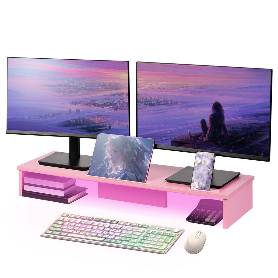 Cedar Assembly Dual Monitor Stand Riser With Led Lights And Phone ...