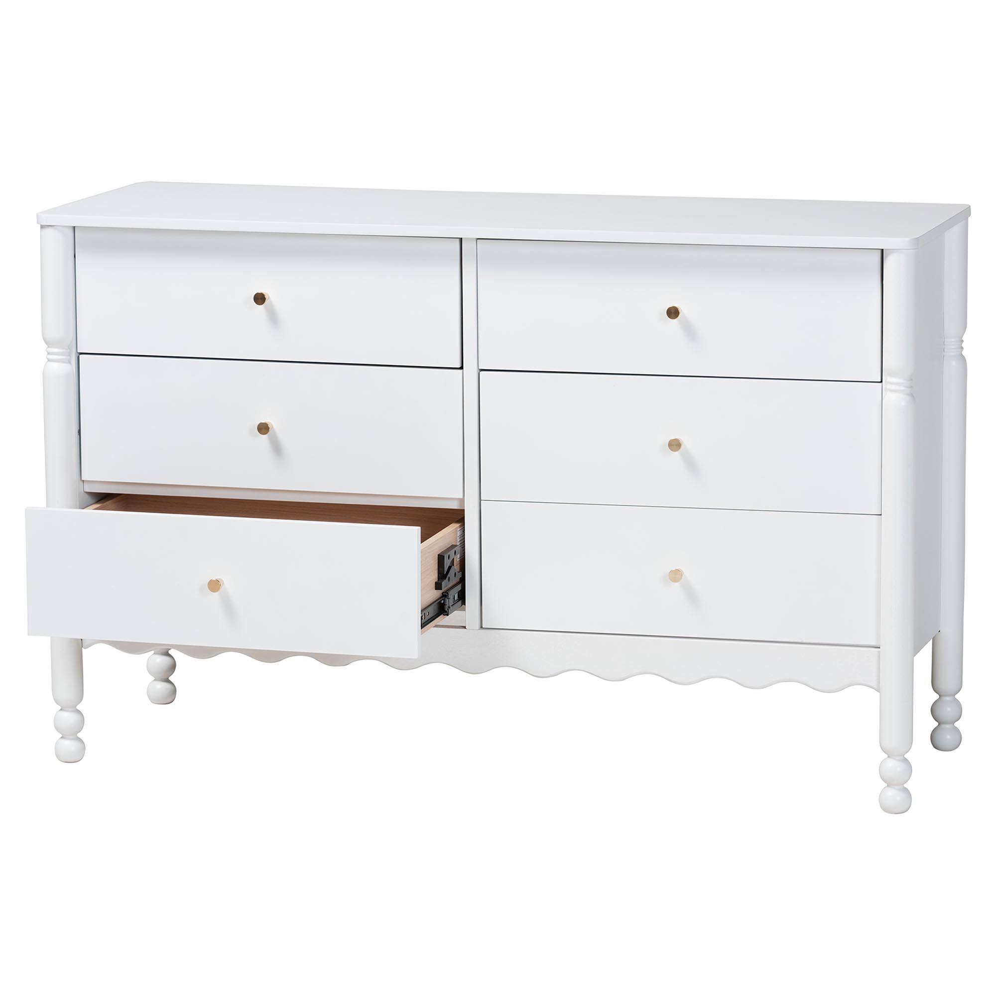 Angle. Baxton Studio - Hoffman Dresser - 6-Drawer Horizontal Storage Cabinet with Scalloped Apron and Turned Legs for Bedroom - White.