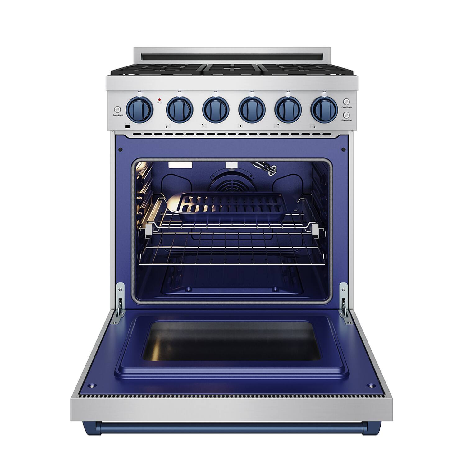 Alt View 6. Thor Kitchen - Gordon Ramsay Series by Thor Kitchen 4.55 Cu. Ft Freestanding Liquid Propane Gas Range with Navy Blue Hardware - Stainless Steel.