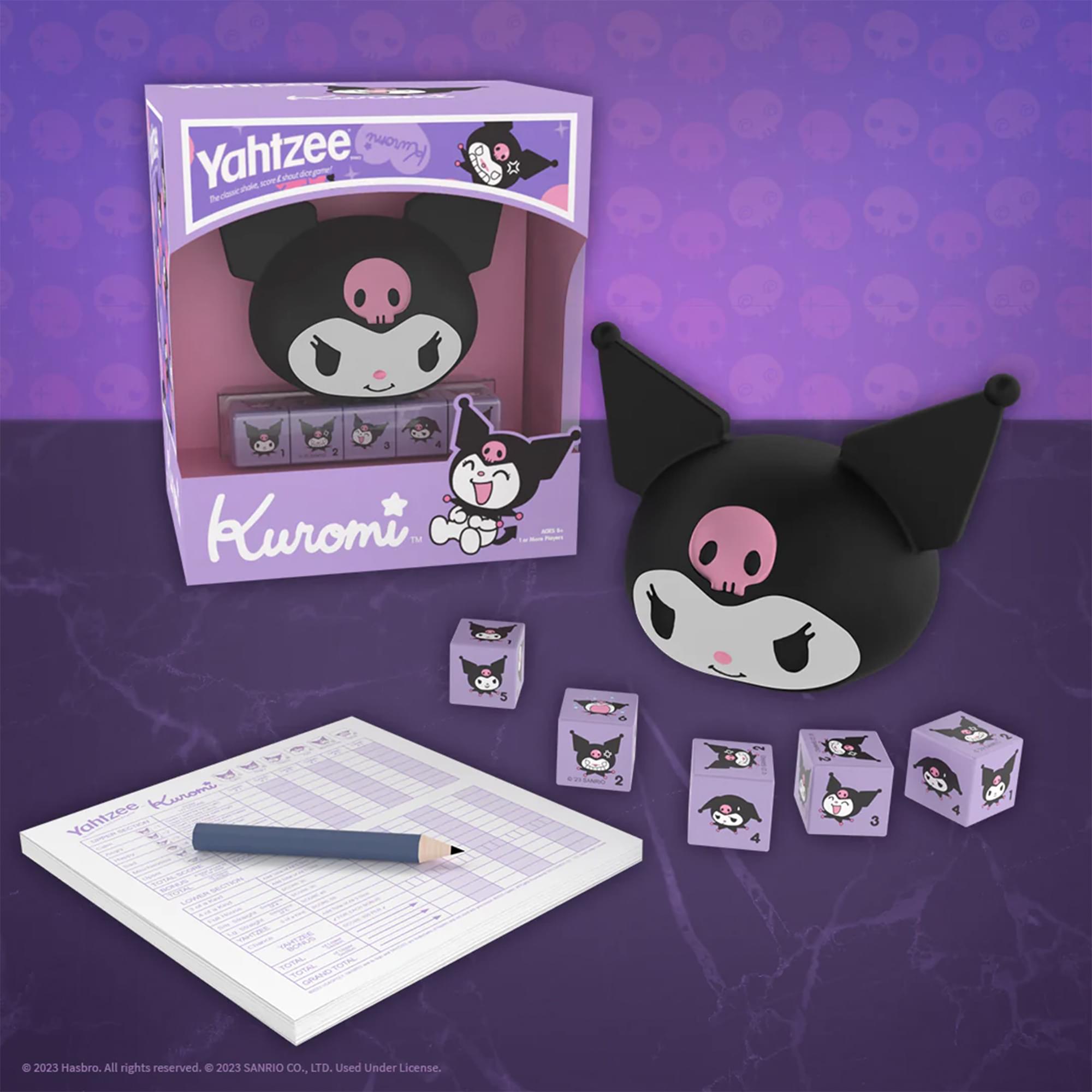 Yahtzee Kuromi a oolligine! Reconevale Kuromi TM 5 Kanont Yahizee 4 3 TONE MUTAL a NV Cas e 2023 Hasbro. All rights reserved. 2023 SANRIO CO., LTD. Used Under License.
