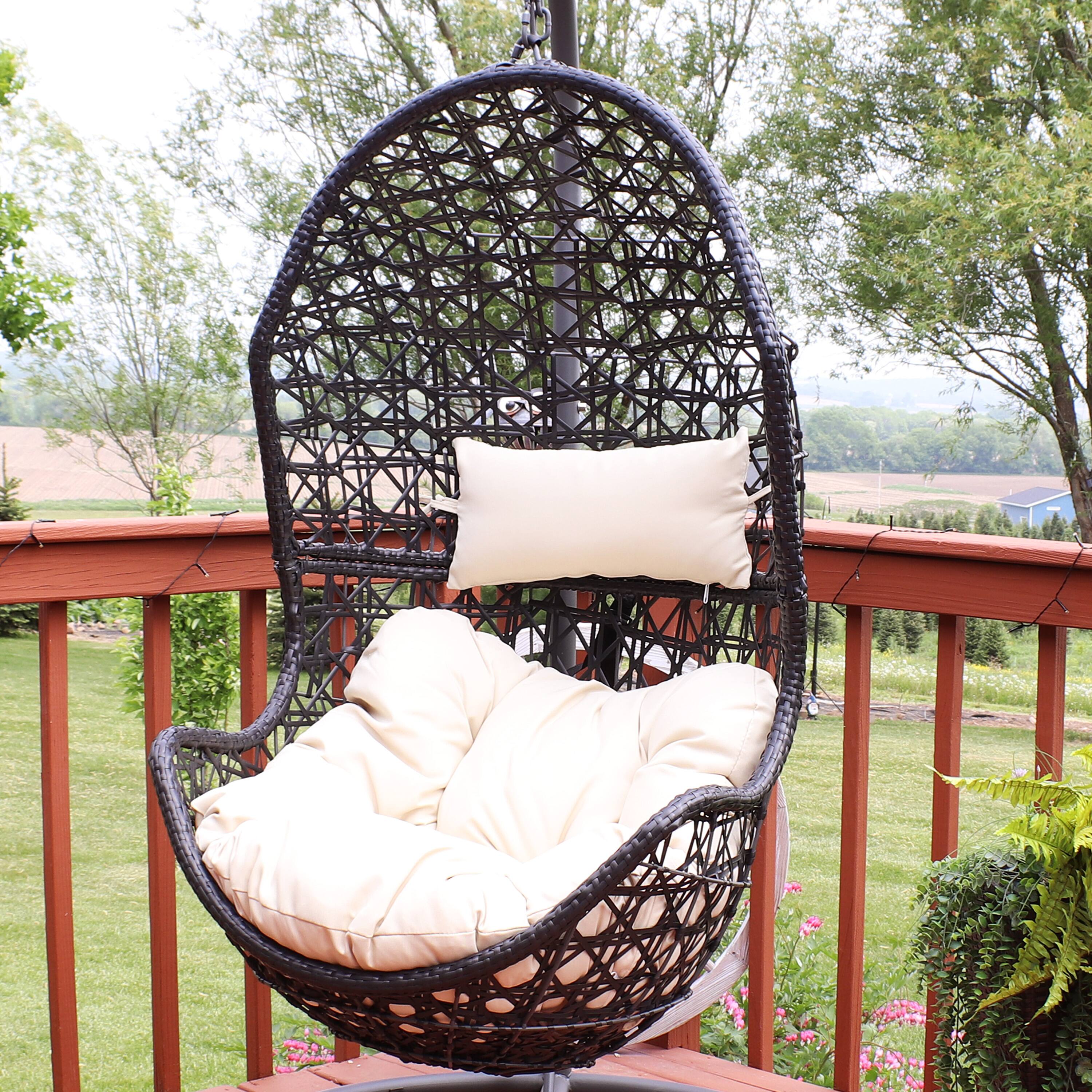 Alt View 3. Sunnydaze - Black Resin Wicker Basket Hanging Egg Chair with Cushions - Beige Cushions.