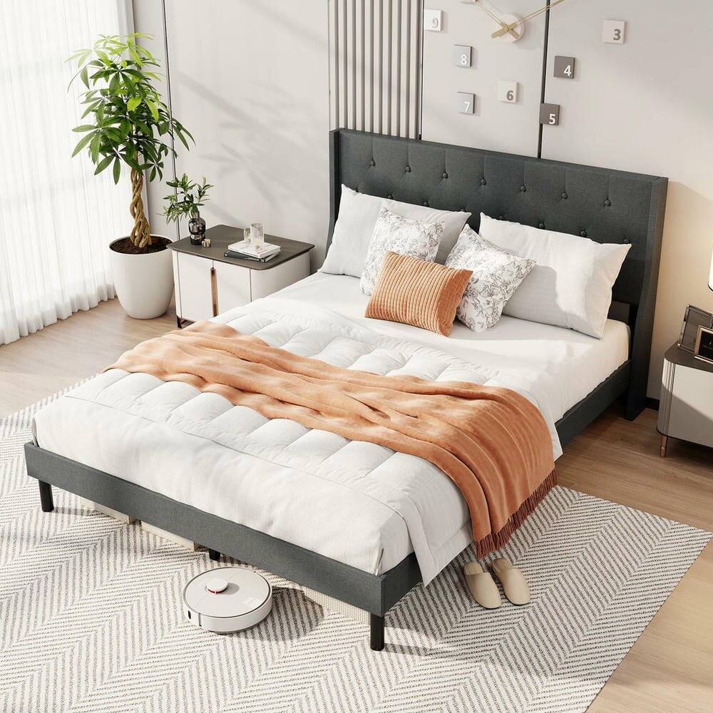 Angle. Kadyn - Queen Size Upholstered Platform Bed with Button-Tufted Wingback Headboard, Features Sturdy Wood Slat Mattress Foundation - Gray.