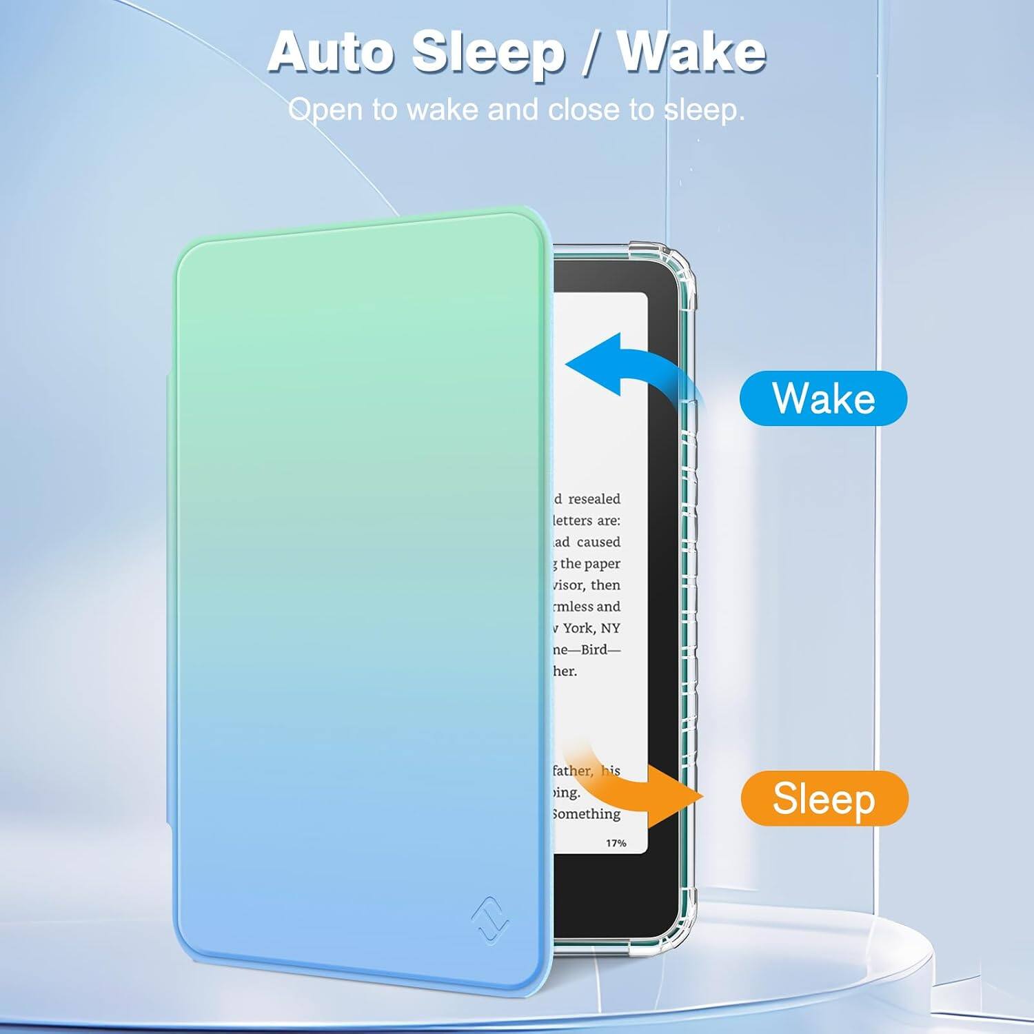 Auto Sleep/Wake  
Open to wake and close to sleep.  

Wake  
d resealed letters are: ad caused in the paper visor, then mless and / York, NY ne-Bird- her.  

Sleep  
father, his ing. Something 17%