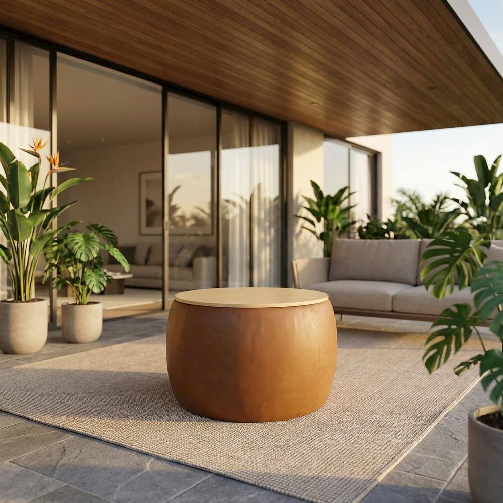 Angle. Outdoor Escape - Vegan Leather Storage Ottoman, Neutral Color with Spacious Seat, Durable - Beige.