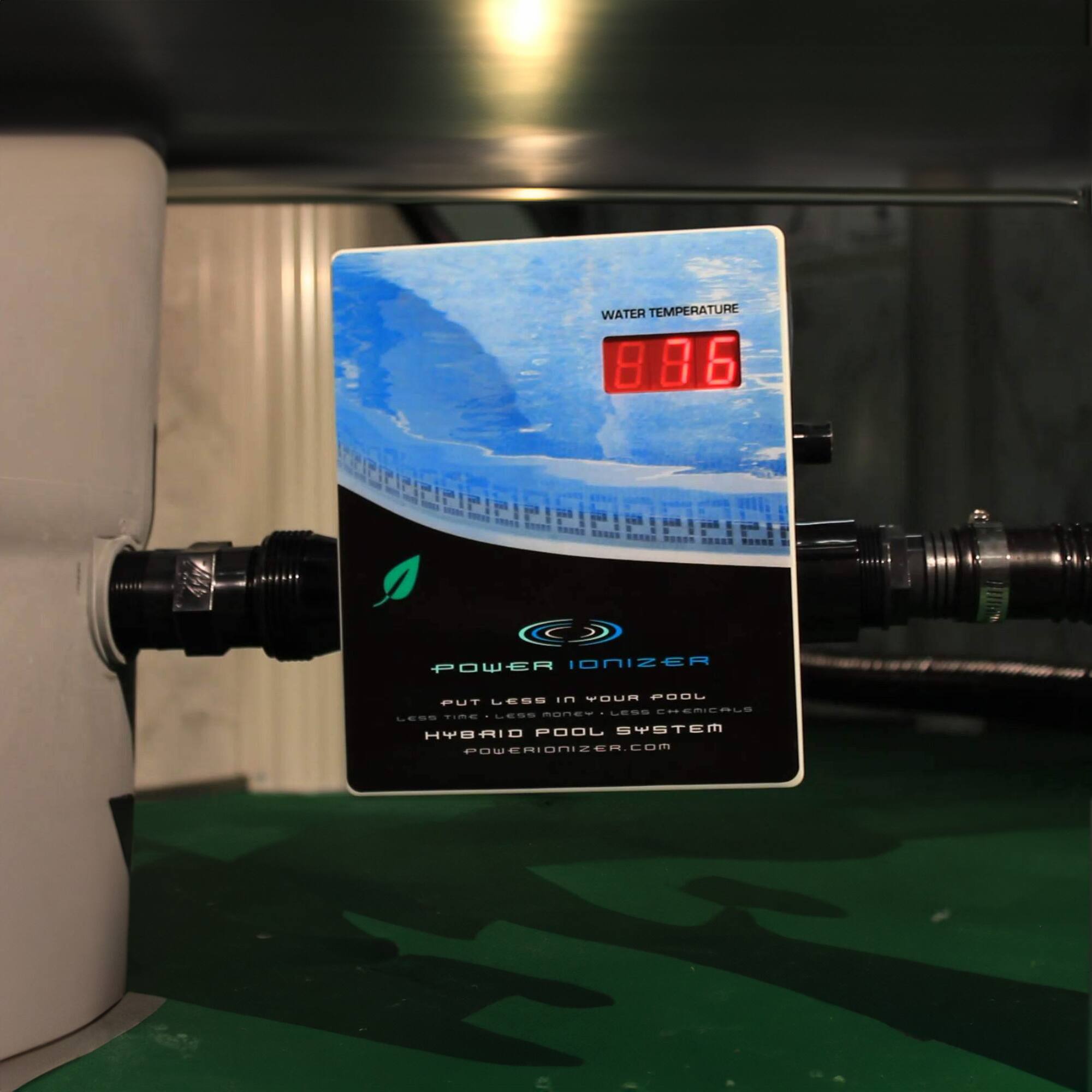 WATER TEMPERATURE 8.86

POWER IONIZER
PUT LESS IN YOUR POOL
LESS CHEMICALS
HYBRID POOL SYSTEM
POWERIONIZER.COM
