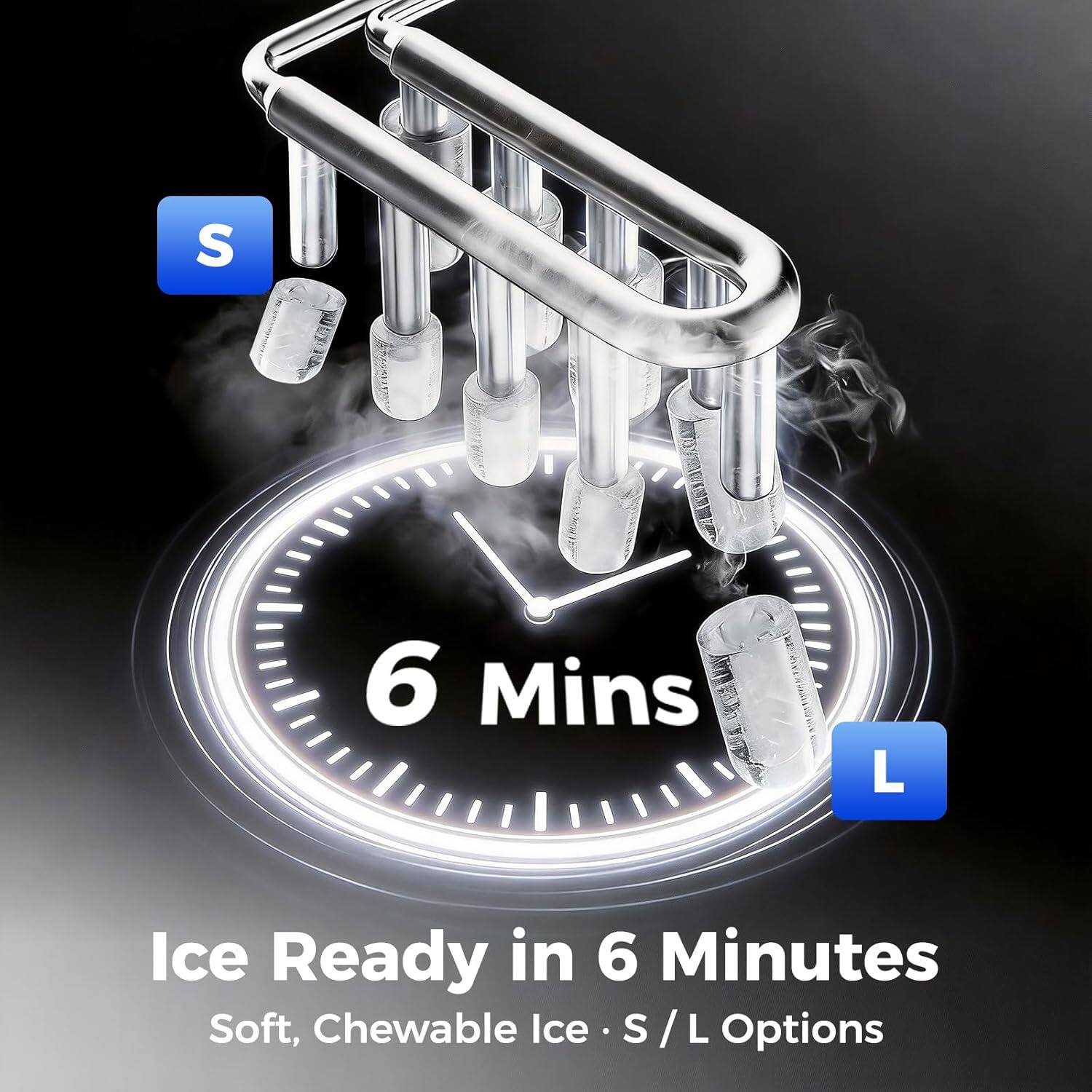 S 6 Mins L  
Ice Ready in 6 Minutes  
Soft, Chewable Ice  
S / L Options