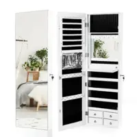 Costway - Mirror Jewelry Cabinet 96 LED Lights Wall Door Mounted Armoire w/ Makeup Rack - White - Front_Zoom