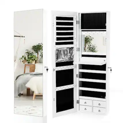 Front. Costway - Mirror Jewelry Cabinet 96 LED Lights Wall Door Mounted Armoire w/ Makeup Rack White - White.