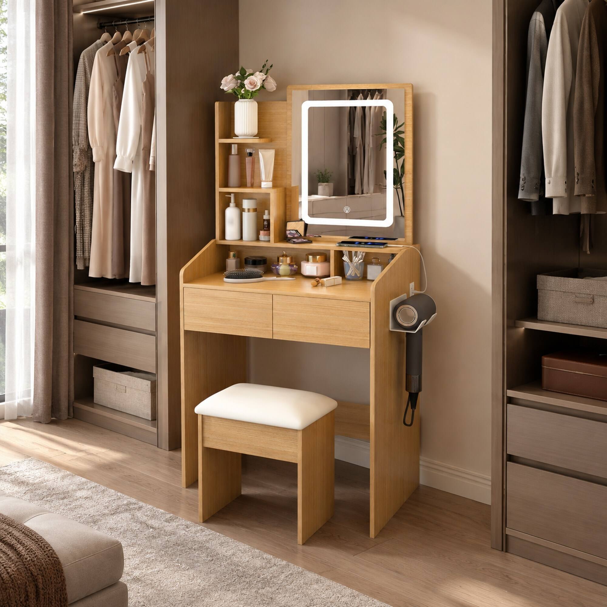 Left. RYHNUYNE - Compact Vanity Table, LED Lighted Mirror, Power Outlet, Hairdryer Holder, Soft Stool, Wood Finish - Wood.