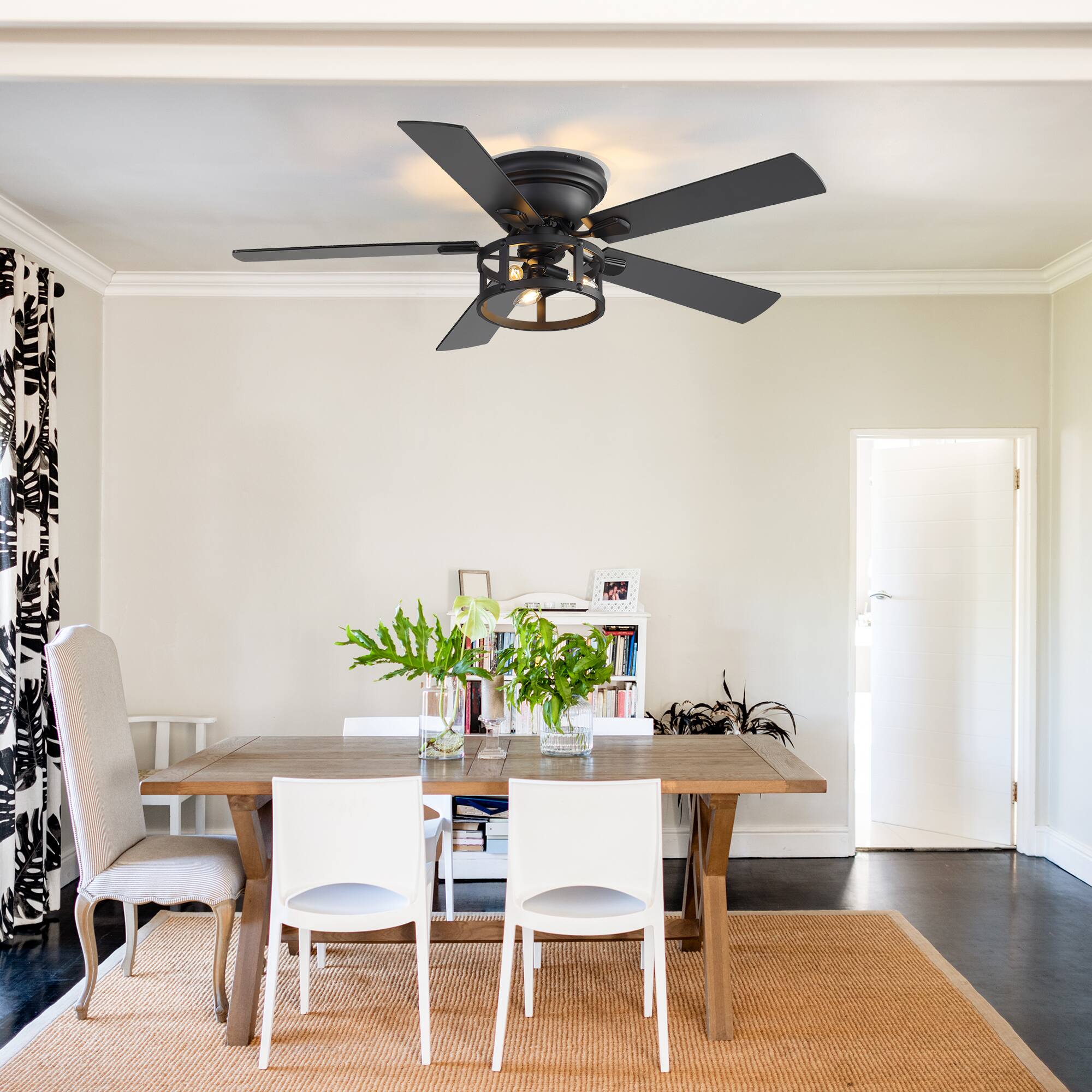 Left. Breezary - 52-Inch Surface Mounted Ceiling Fan with Open Frame Light, E12 Bulbs, DC Motor, Remote, 6 Speeds, Timer - Black & Walnut.