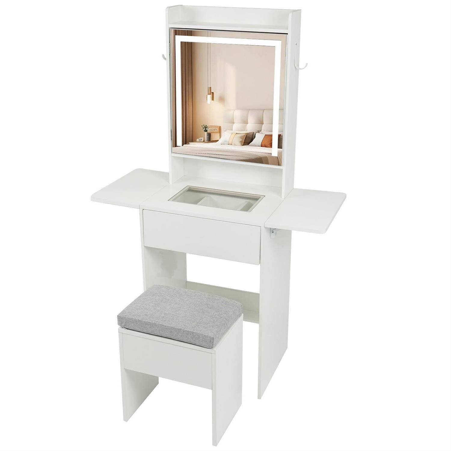 Angle. Pefilos - Space-Saving Vanity Desk with LED Mirror and Lights, Makeup Station with Storage for Bedroom, Foldable Design - White.