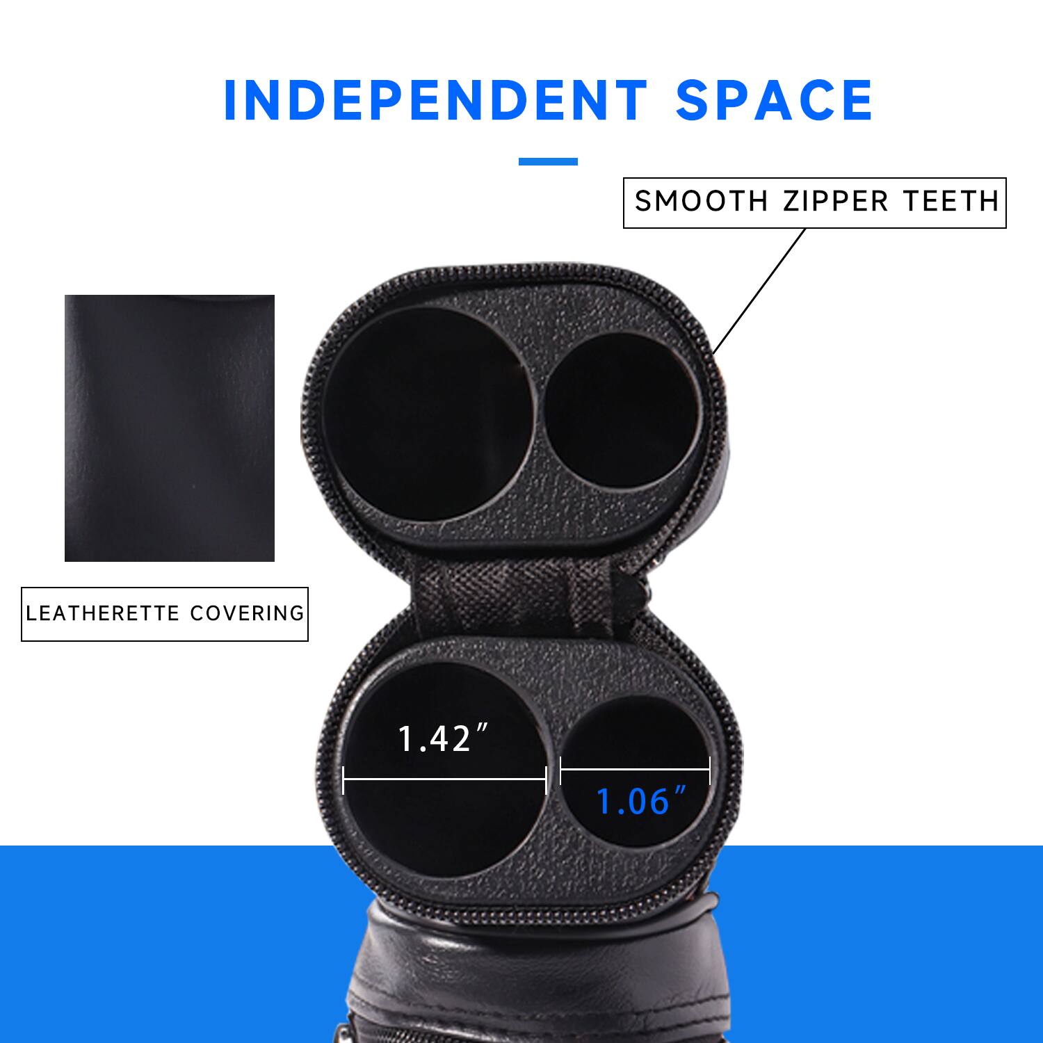 INDEPENDENT SPACE
LEATHERETTE COVERING
SMOOTH ZIPPER TEETH
1.42"
1.06"