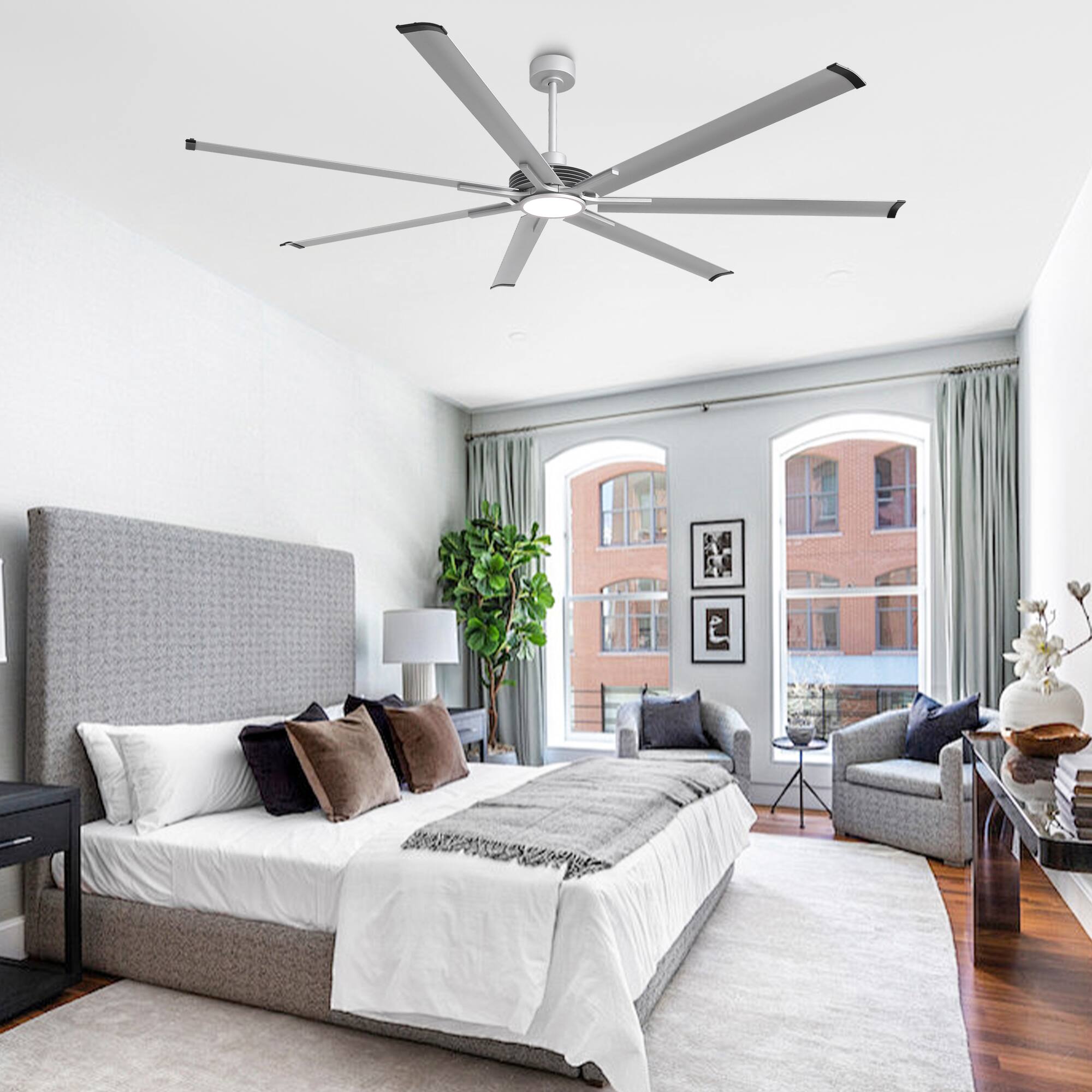 Angle. Parrot Uncle - 100-inch Silver Industrial Extra Large Commercial HVLS LED Ceiling Fan with 7 Aluminum Blades and Remote Control - Silver.