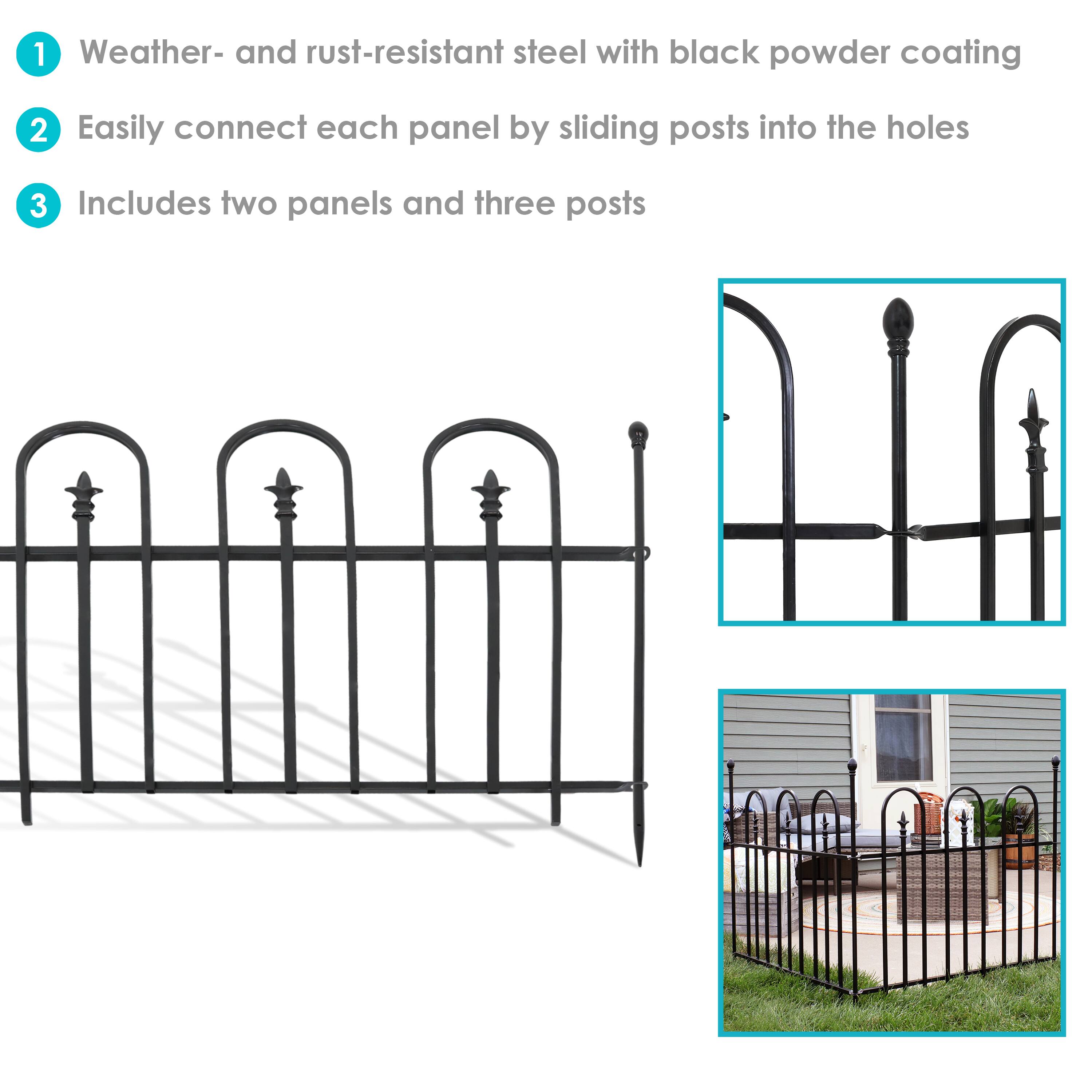 1. Weather- and rust-resistant steel with black powder coating  
2. Easily connect each panel by sliding posts into the holes  
3. Includes two panels and three posts
