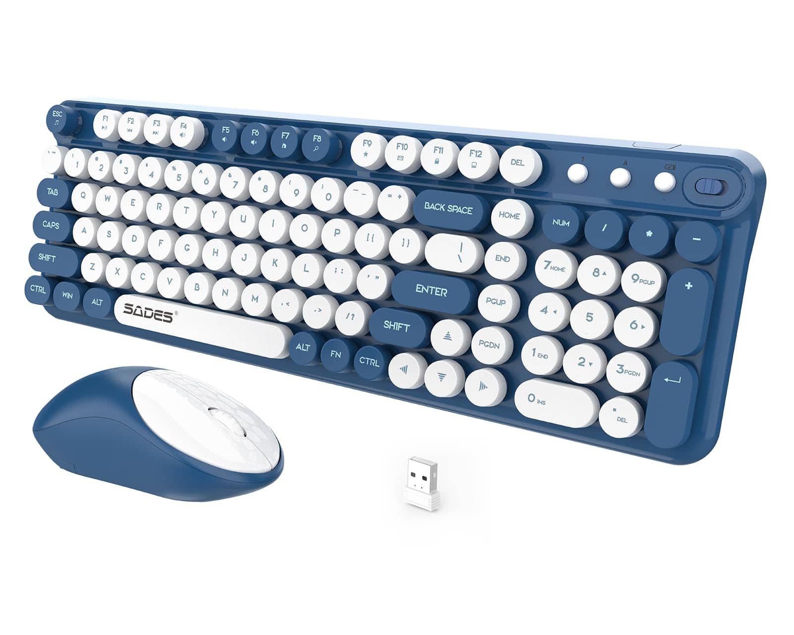 PO3TICJUNKI3 - Wireless And Mouse Cute Retro Typewriter Computer Sets Full Size Cordless Colorful Round Keycaps With Silen - K03 Blue White