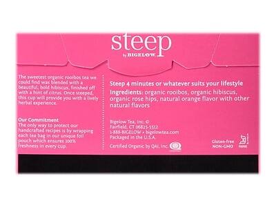 **Steep by Bigelow**

The sweetest organic rooibos tea we could find was blended with a beautiful, bold hibiscus, finished off with a hint of citrus. Once steeped, this cup will provide you with a lively orange flavor with other herbal experience.

**Steep 4 minutes or whatever suits your lifestyle**

**Ingredients:**
- Organic rooibos
- Organic hibiscus
- Organic rose hips
- Natural orange flavor
- Natural flavors

**Our Commitment:**
The only way to protect our handcrafted recipes is by wrapping each tea bag in our unique foil pouch which ensures 100% freshness in every cup.

**Bigelow Tea, Inc.**
Fairfield, CT 06825-5512
1-888-BIGELOW
bigelowtea.com

Packaged in the U.S.A.

Certified Organic by QAI, Inc.

Gluten-free
NON-GMO
