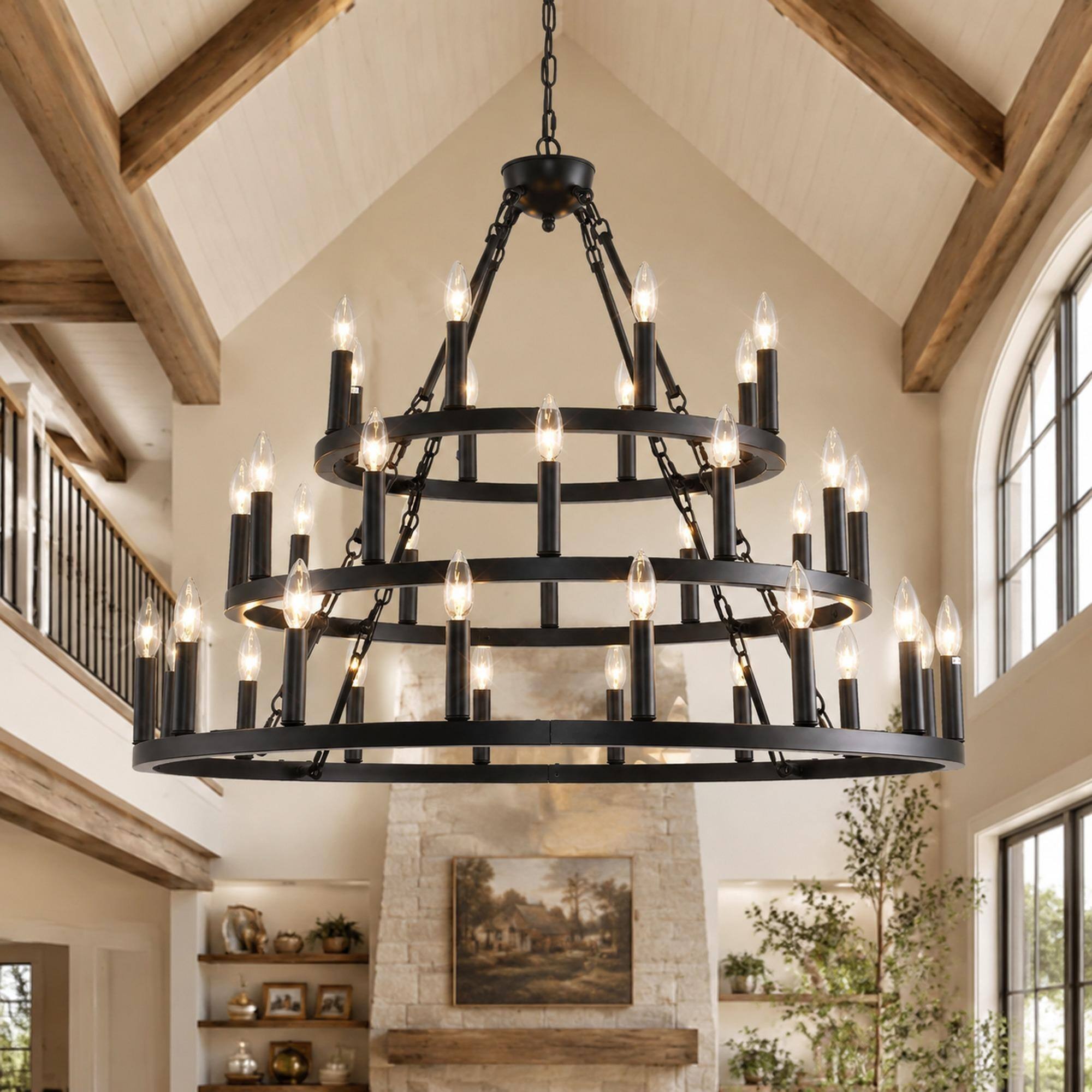 Front. RYHNUYNE - 36-Light 3-Tier Wagon Wheel Chandelier, Black Metal Industrial Farmhouse Fixture Adjustable Height - Matte Black.