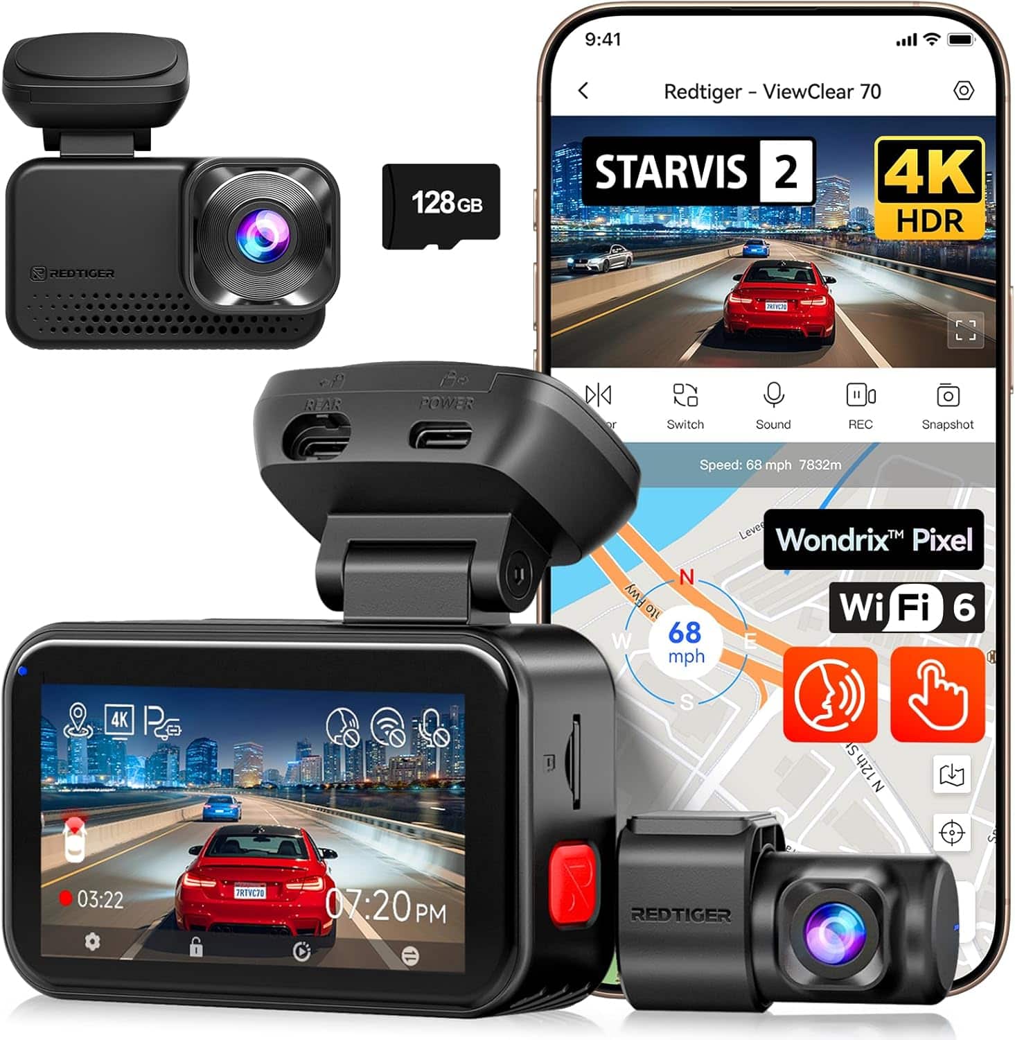REDTIGER - RTVC70TL 4K+2.5K Dash Cam , Dual HDR Hyper Night Clarity, 5.8GHz WiFi , 24H Parking Monitor - Black