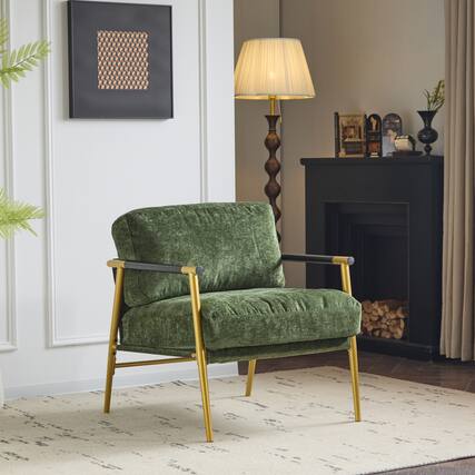Front. APRILSOUL - Modern Accent Chair Plush Cushions Minimalist Metal Frame Living Room Bedroom - Gold,Green.