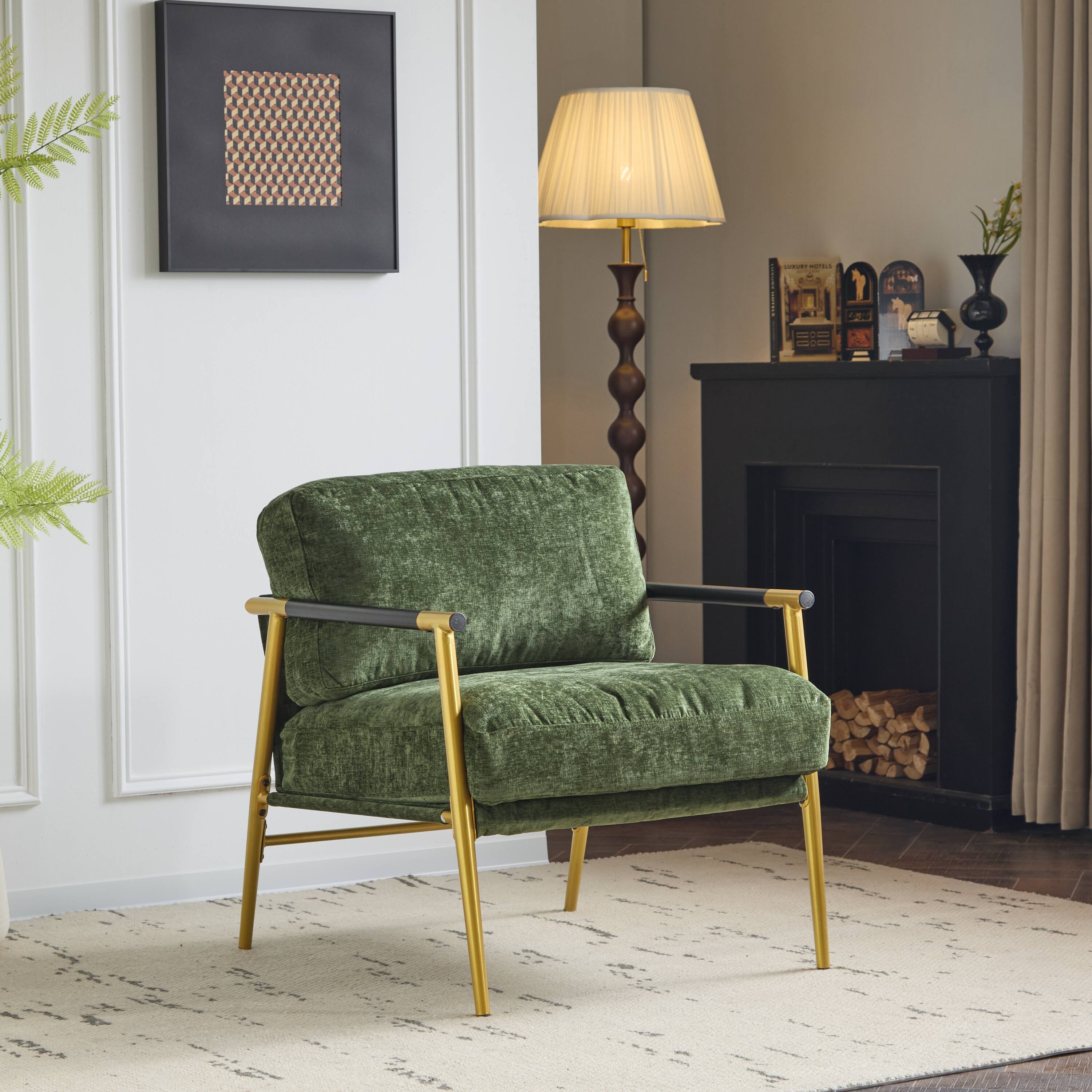 Front. APRILSOUL - Modern Accent Chair Plush Cushions Minimalist Metal Frame Living Room Bedroom - Gold,Green.