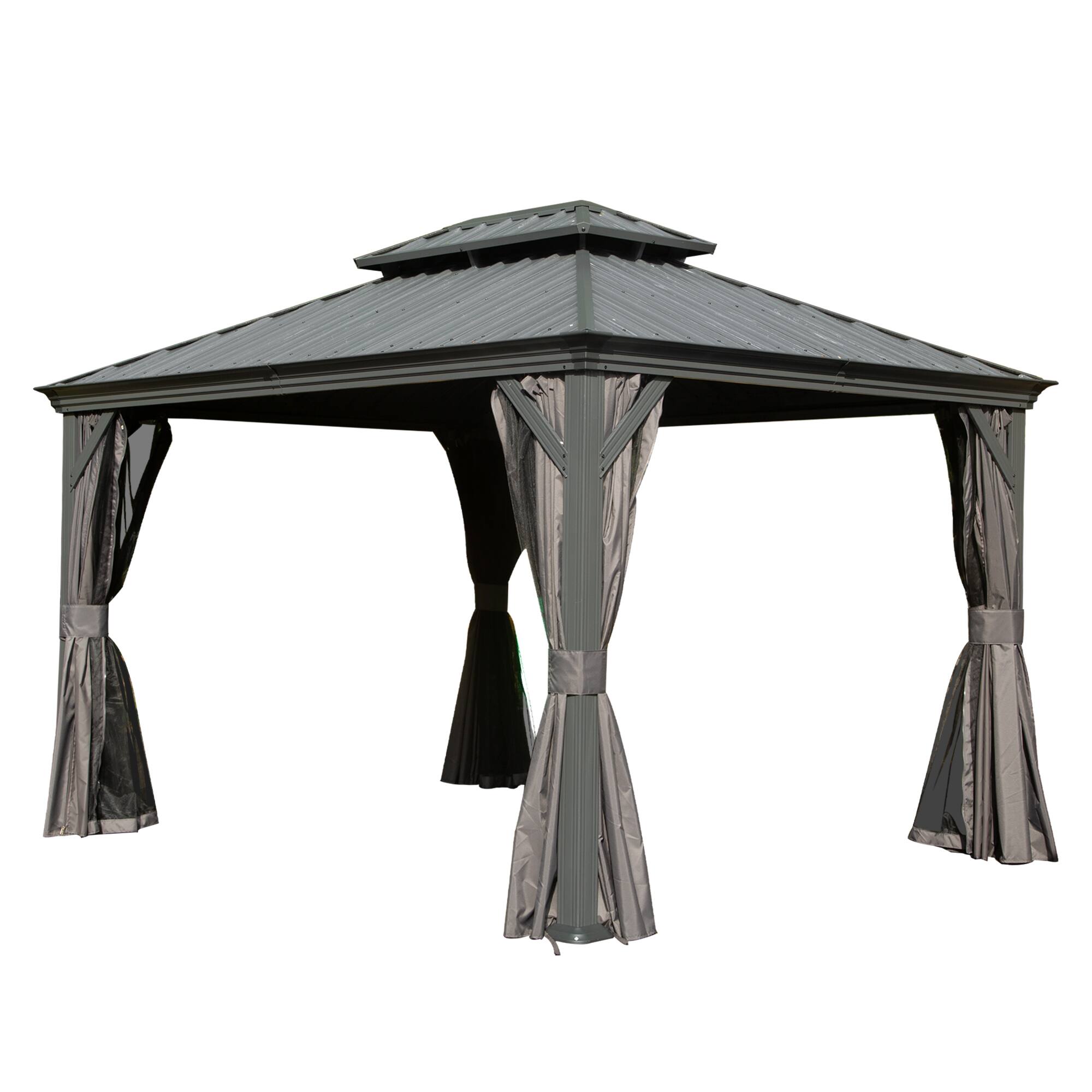 Back. Loheer - Loheer 10x12 Hardtop Gazebo, Metal Patio Gazebo with Galvanized Steel Roof, Drainage System, Curtains and Netting.