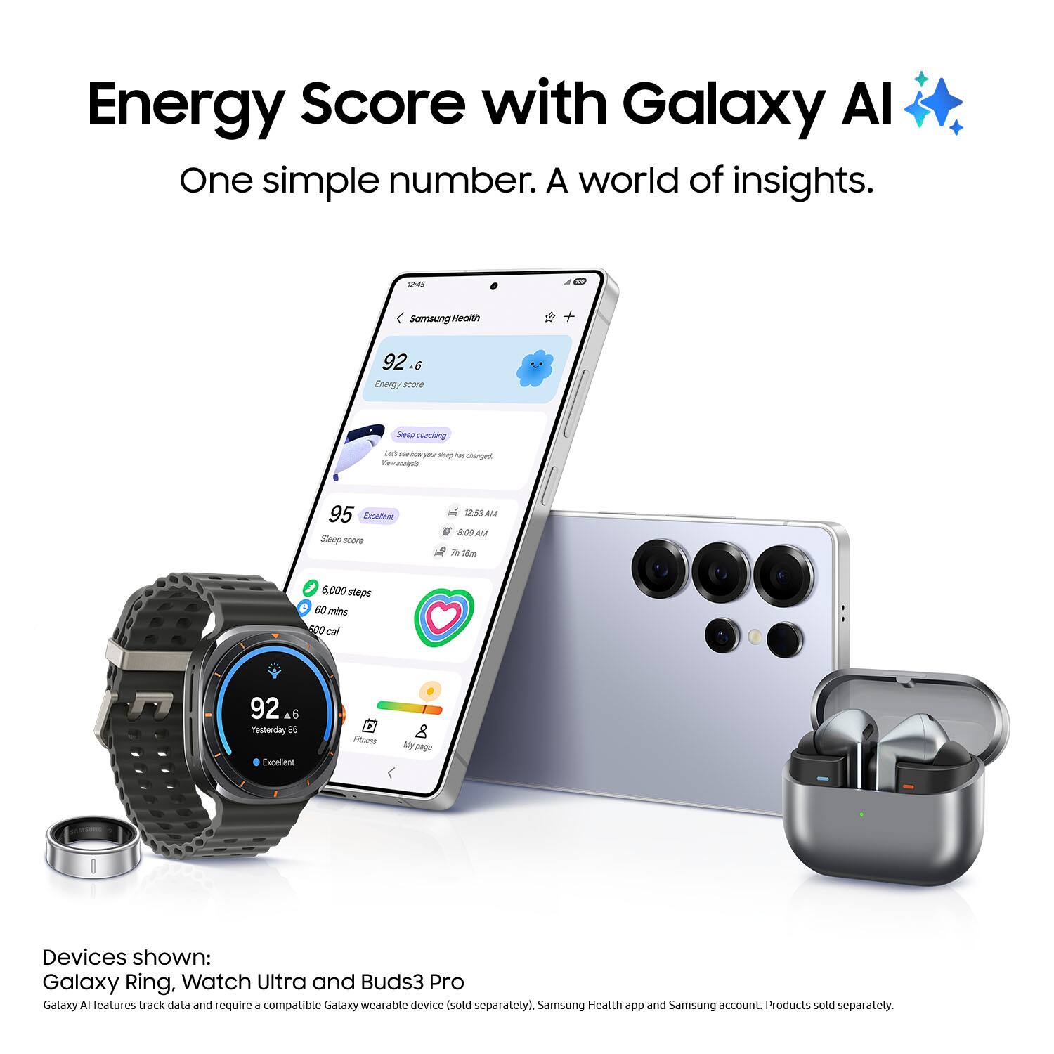 Energy Score with Galaxy Al: One simple number. A world of insights.

Energy Score with Galaxy Al: One simple number. A world of insights.

Devices shown: Galaxy Ring, Watch Ultra and Buds3 Pro

Galaxy A features track data and requires a compatible Galaxy wearable device (sold separately), Samsung Health app and Samsung account. Products sold separately.
