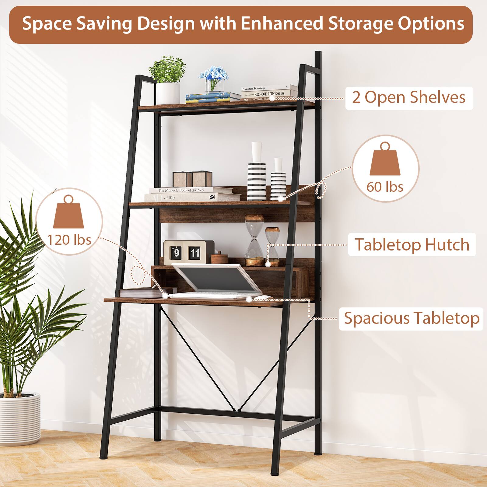 Space Saving Design with Enhanced Storage Options

- 2 Open Shelves
- Tabletop Hutch
- Spacious Tabletop

Weight Capacity:
- 120 lbs
- 60 lbs