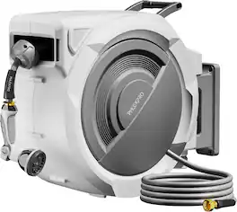 PHLEX PRO - Upgraded Retractable Garden Hose Reel, 1/2 in x 150FT Heavy Duty Automatic Hose Reel with 10 Pattern Nozzle - White and Gray