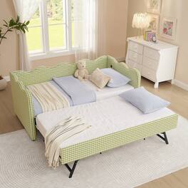 JUJABU - Cozy Gingham Daybed with Twin Size Trundle No Box Spring Needed, with USB Port and Adorable Wave Shaped - Green