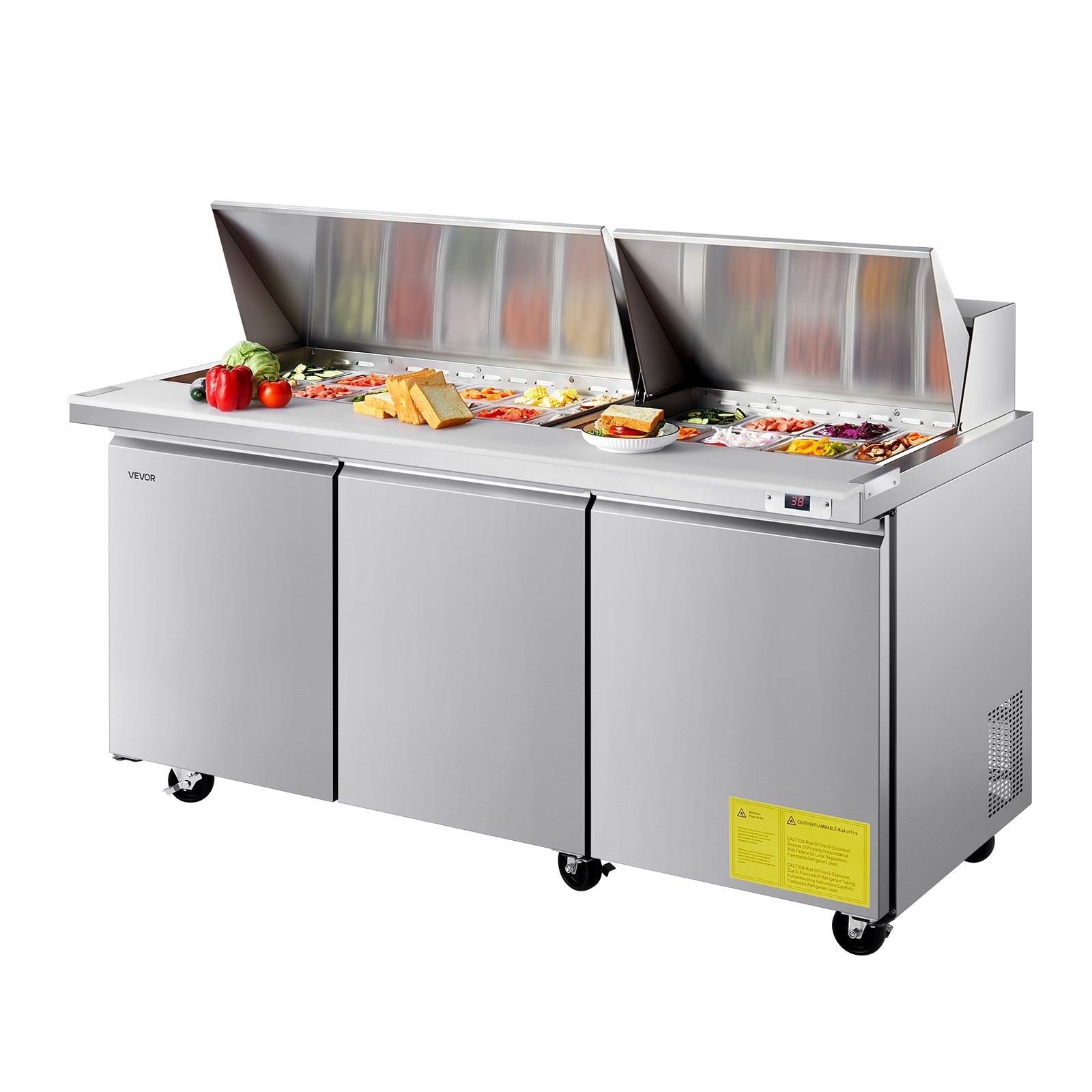 Front. VEVOR - 72"W Commercial Refrigerator, 18.7 Cu. Ft Sandwich Prep Refrigerated Table, Mega Top Food Prep Fridge with 30 Pans - Silver.