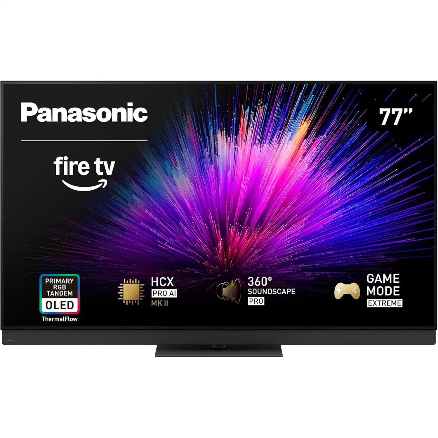 Panasonic  
77"  
fire tv  

PRIMARY RGB TANDEM OLED  
ThermalFlow  
HCX PRO AI MK II  
360° SOUNDSCAPE PRO  
GAME MODE EXTREME