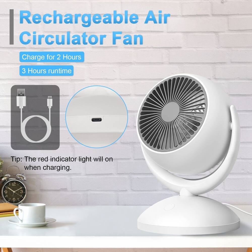 Rechargeable Air Circulator Fan  
Charge for 2 Hours  
3 Hours runtime  

Tip: The red indicator light will on when charging.