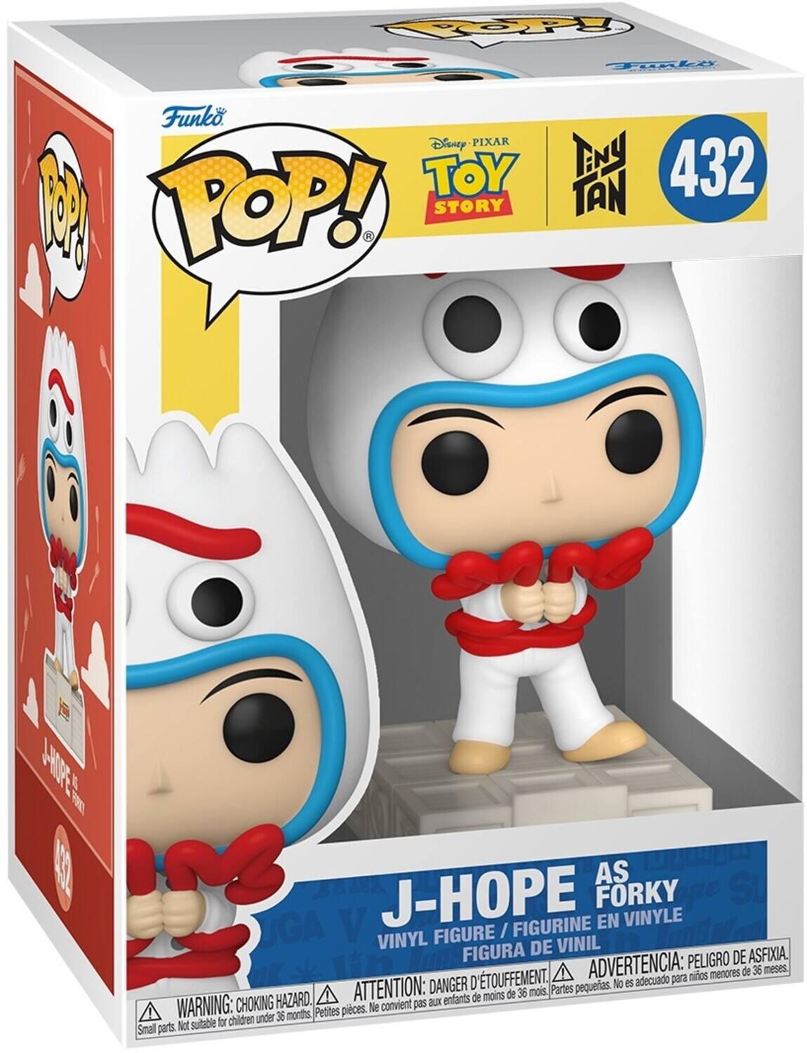 Sure, here is the corrected and grouped text from the image:

---

**Funko POP!**

**Disney PIXAR TOY STORY**

**Tiny Tan**

**432**

**J-HOPE AS FORKY**

**VINYL FIGURE / FIGURINE EN VINYLE / FIGURA DE VINIL**

**WARNING: CHOKING HAZARD. Small parts. Not suitable for children under 36 months.**

**ADVERTENCIA: PEORIGRO DE ASFIXIA. Pequeñas piezas. No es adecuado para niños menores de 36 meses.**

**ATTENTION: DANGER D'ÉTOUFFEMENT. Petites pièces. Ne convient pas aux enfants de moins de 36 mois.**

---

This text is organized to reflect the information on the packaging accurately.