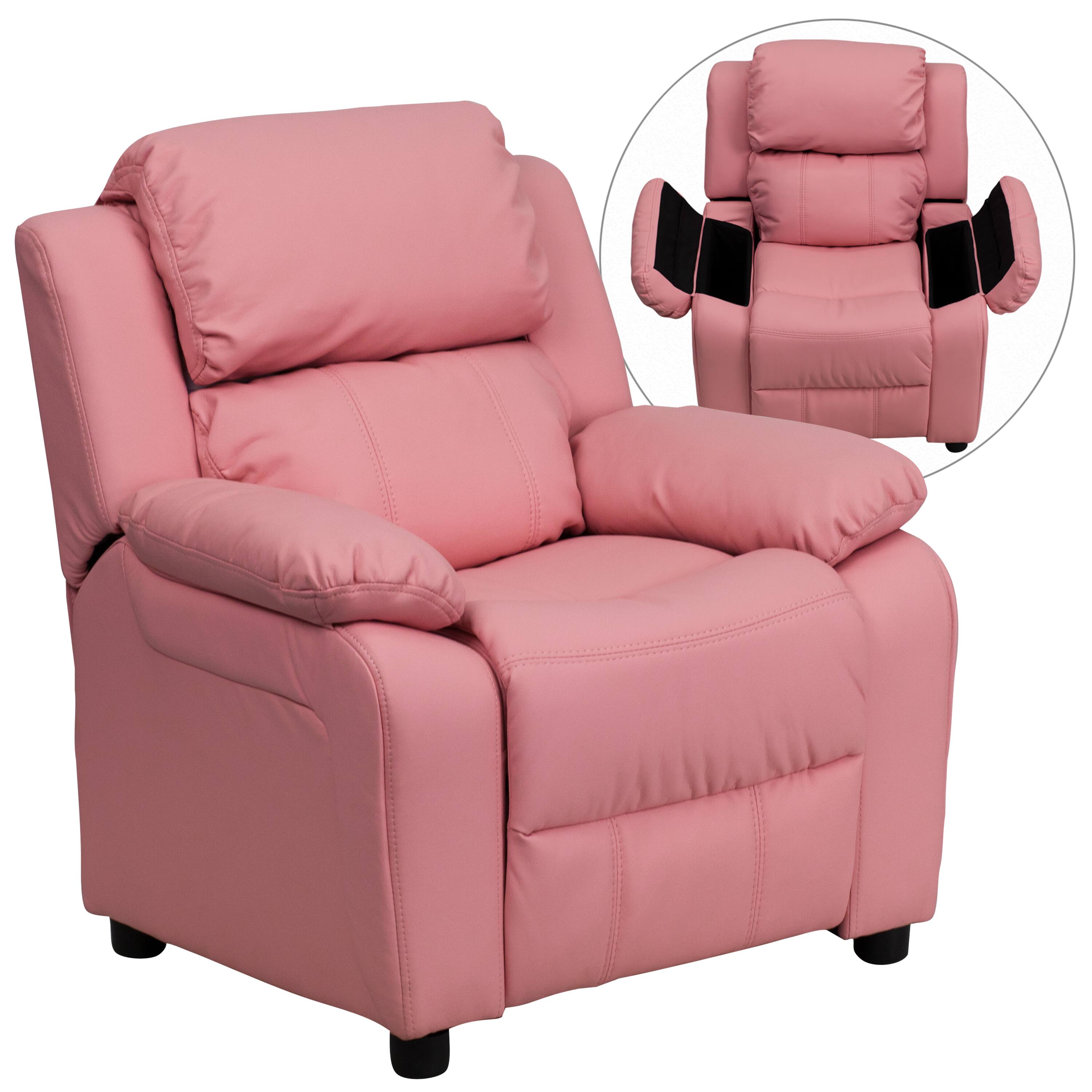 Front. Alamont Home - Deluxe Padded Contemporary Kids Recliner with Storage Arms - Pink Vinyl.