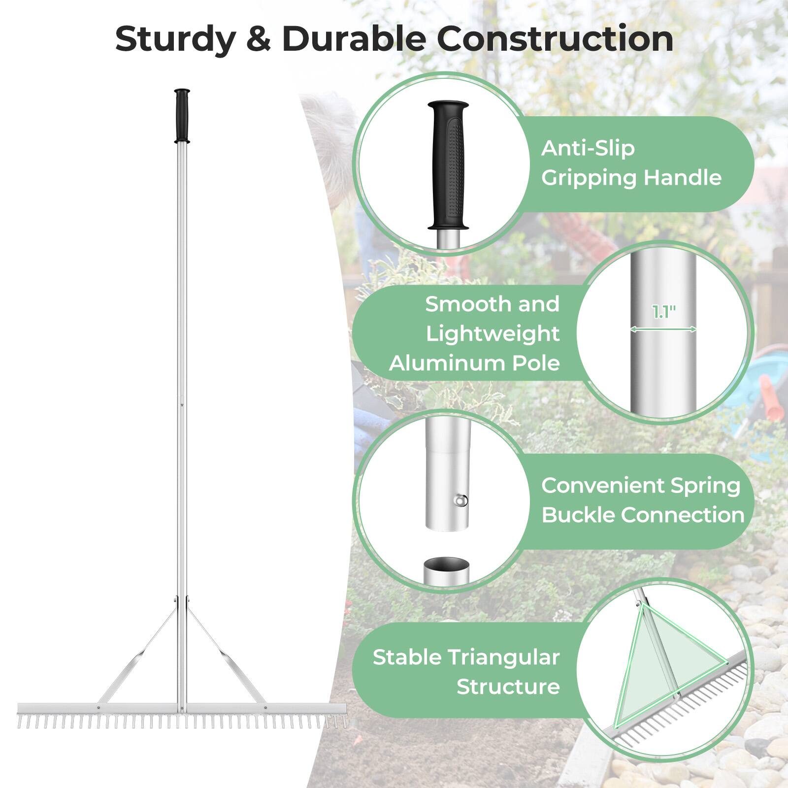 Sturdy & Durable Construction

Anti-Slip Gripping Handle

Smooth and Lightweight Aluminum Pole

Convenient Spring Buckle Connection

Stable Triangular Structure