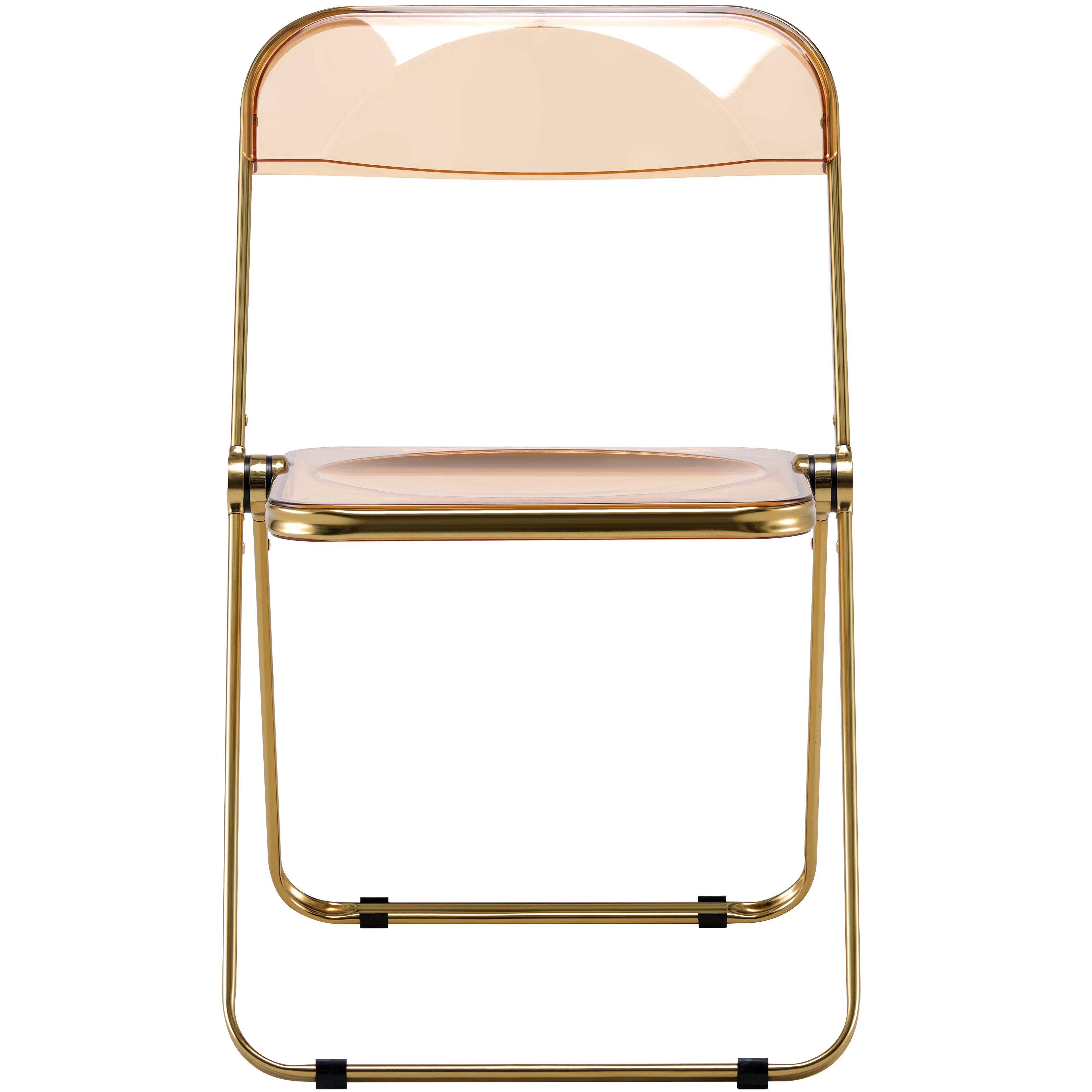 Alt View 2. LeisureMod - Lawrence 2-PCS Clear Accent Chair, Folding Acrylic Design with Gold Chrome Frame, Portable Assembled Seating - Amber.