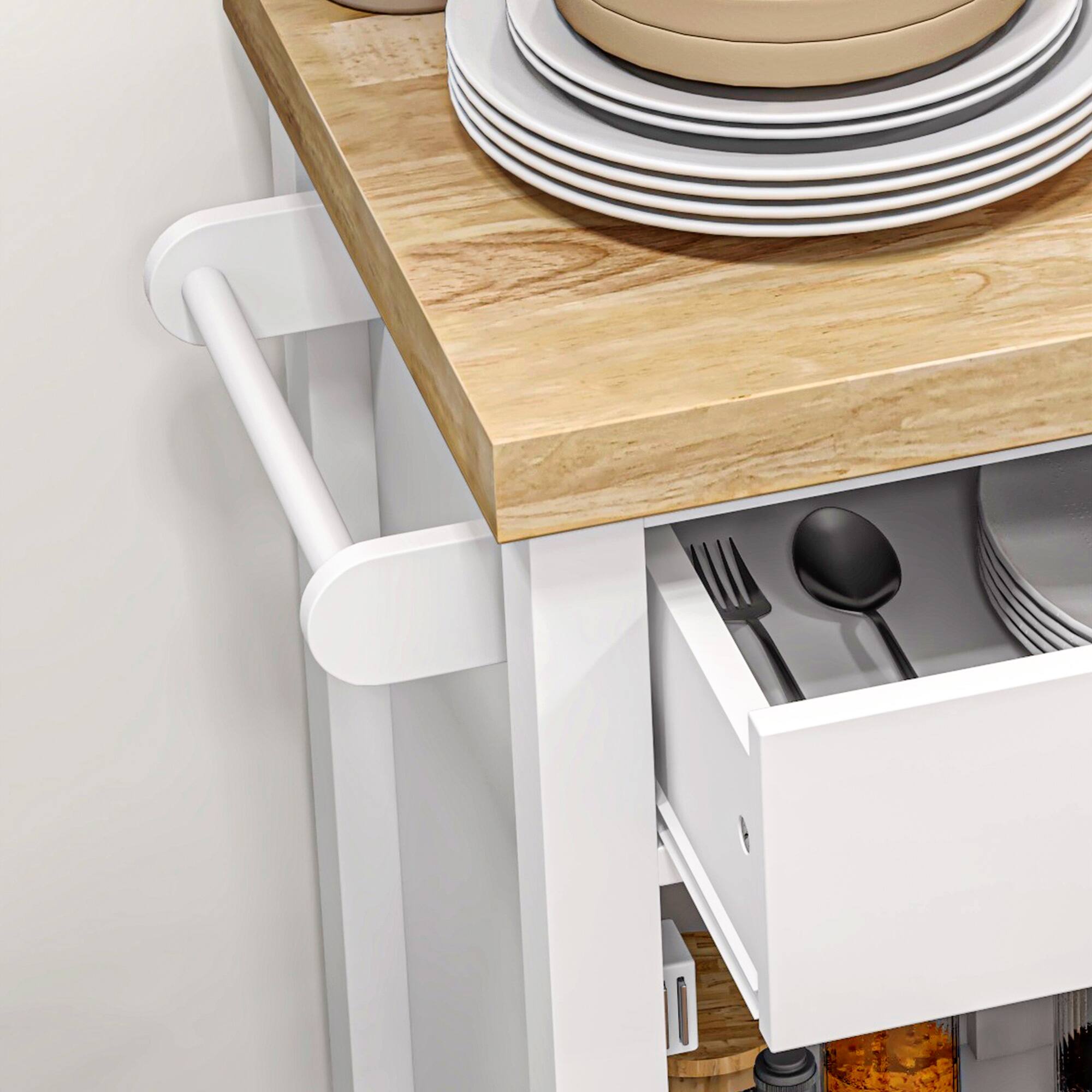 Alt View 8. Homcom - Utility Kitchen Cart, Rolling Kitchen Island with Smooth Rubberwood Top, Narrow Butcher Block Surface on Wheels - White.