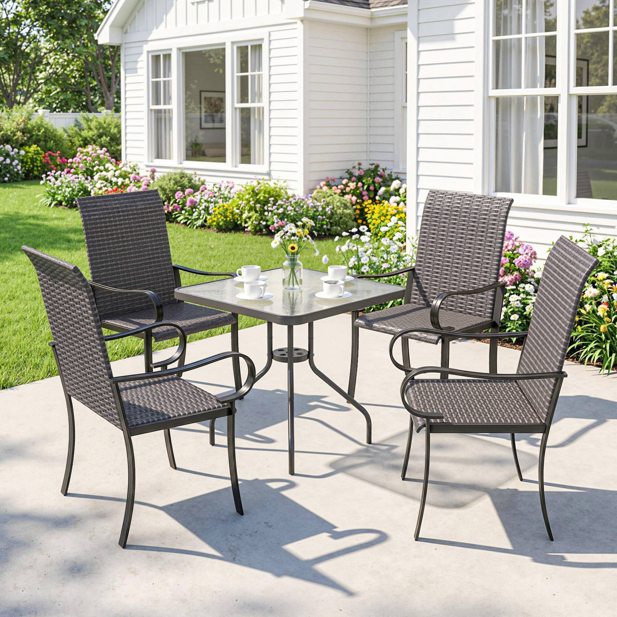 Alt View 1. Outsunny - of 4 Outdoor Wicker Dining Chairs with Armrest, Steel Frame - Brown.