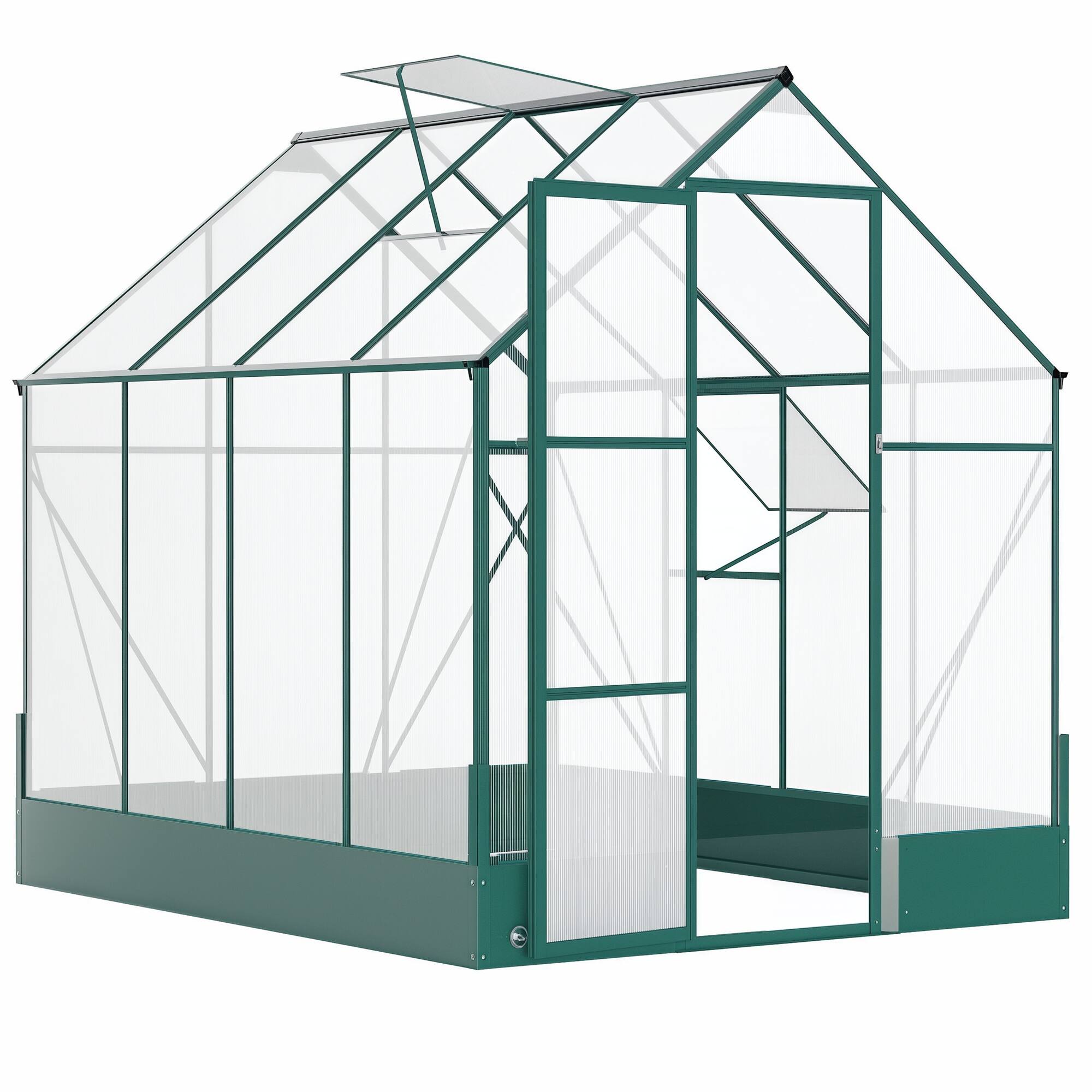 Outsunny - 8' x 6' Greenhouse for Outdoors, Polycarbonate Greenhouse with Roof Vent and Rain Gutter - Transparent, green