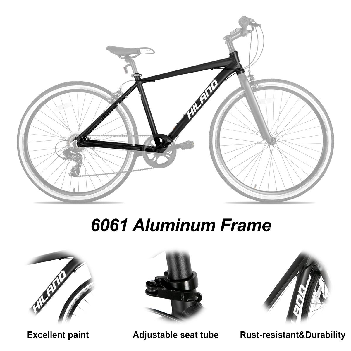 HILAND 6061 Aluminum Frame  
Excellent paint  
Adjustable seat tube  
Rust-resistant & Durability