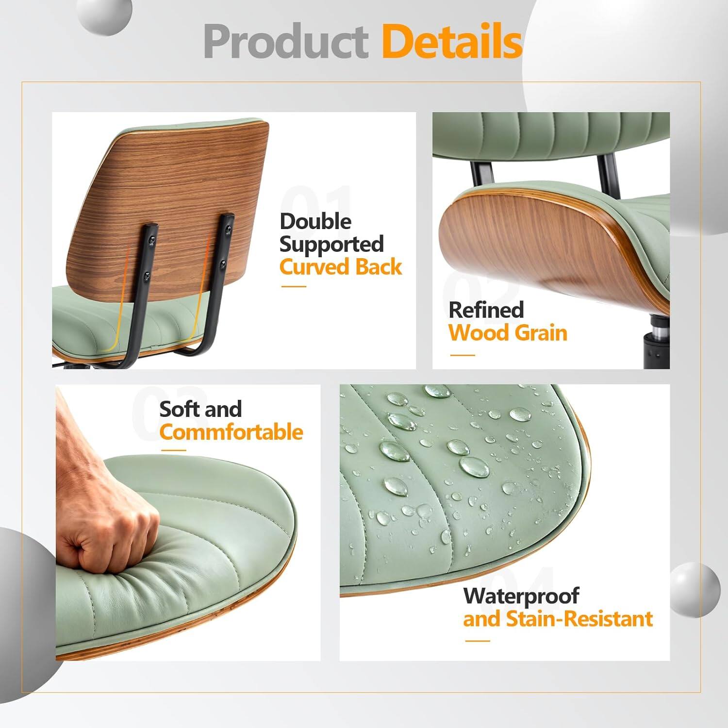 Product Details: Double Supported Curved Back, Soft and Comfortable, Refined Wood Grain, Waterproof and Stain-Resistant