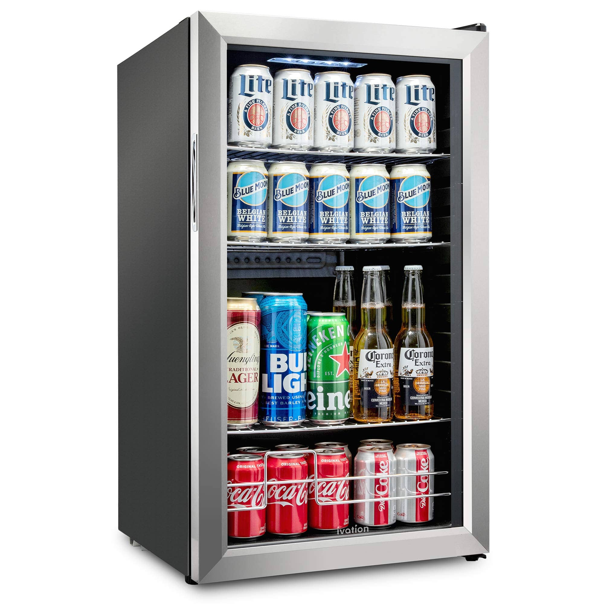 Ivation - 126 Can Beverage Refrigerator, Freestanding Mini Fridge with Glass Door - Stainless Steel