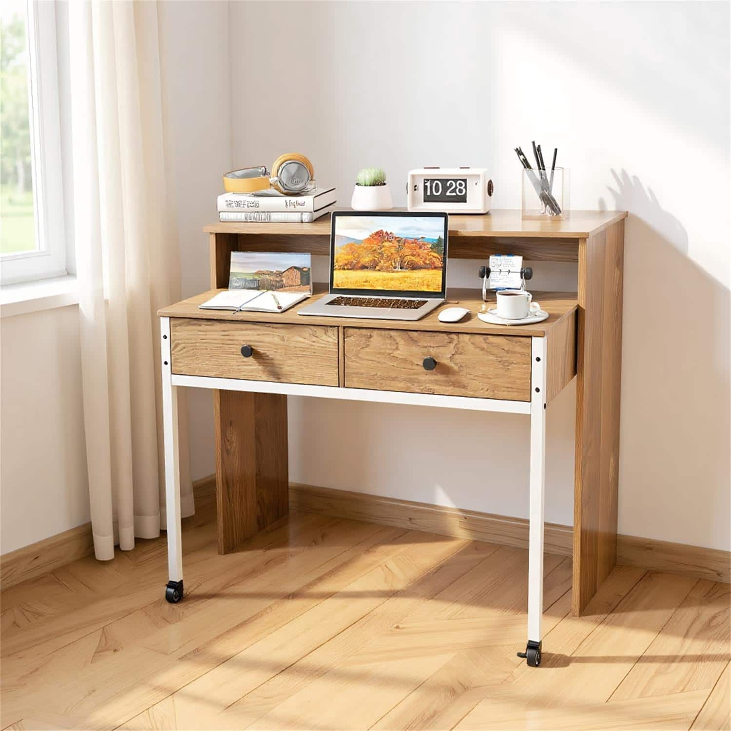 Pefilos - Extendable Computer Desk with Pull Out Secondary Desk-Natural, Office Desk, Gaming Computer Desks for Study, Working - Brown