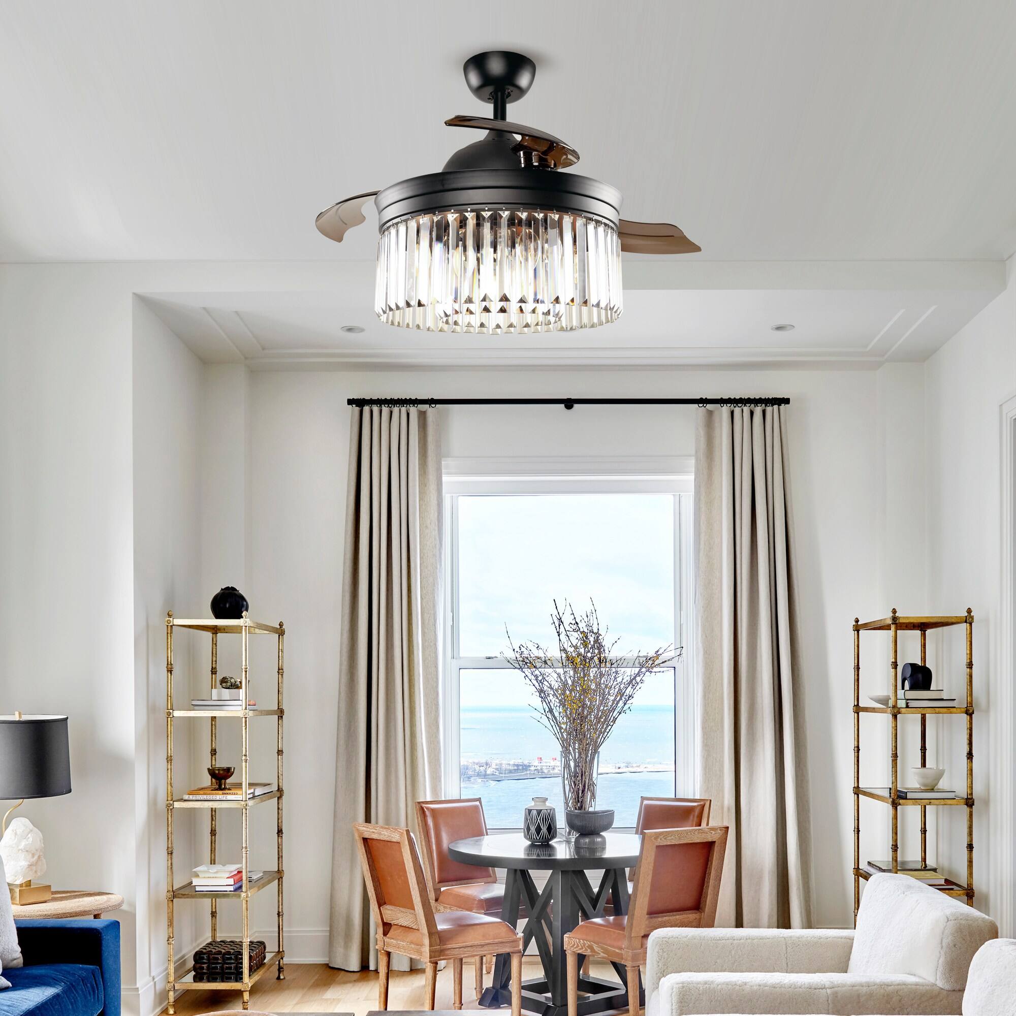 Angle. Parrot Uncle - 42" Modern Retractable 3-Blade Crystal LED Ceiling Fan with Remote - Matte Black.