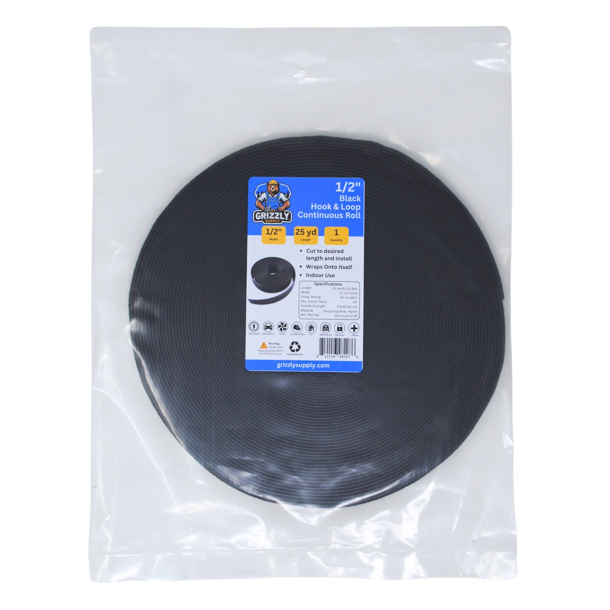 1/2" Black Hook & Loop GRIZZLY Continuous Roll 1/2" 25 yd 1 Cut to desired length and install yourself Wraps Onte rEsect Indoor UIse eccittaoo p - - - I - - - .  - - -  - S  i - - - ..  Pemegn A - - -  - - -  - NIrE d :  + | .  I - -.  . grizzlysupply.com