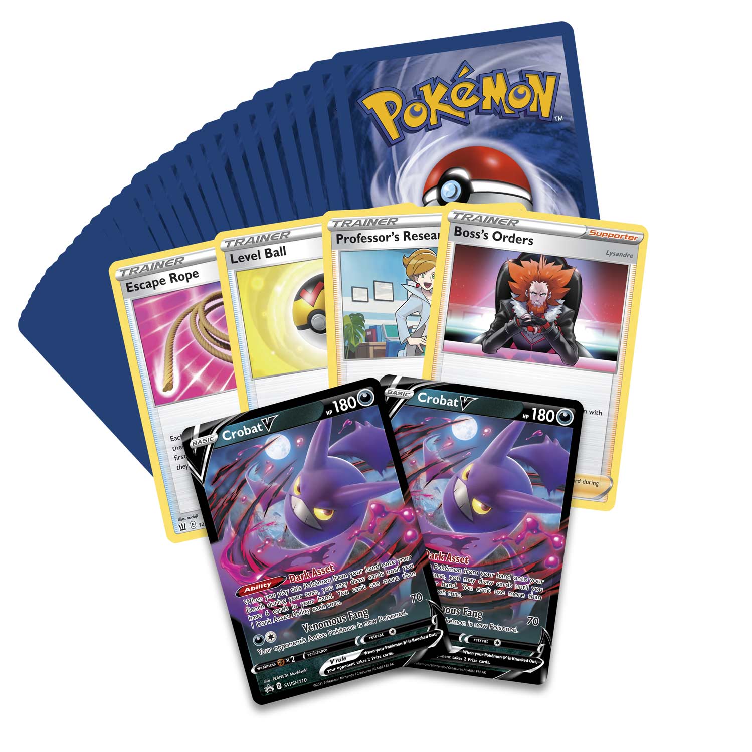Sure, here is the corrected and grouped text from the image:

**Pokémon Cards:**

1. **Escape Rope**
   - TRAINER

2. **Level Ball**
   - TRAINER

3. **Professor's Research**
   - TRAINER

4. **Boss's Orders**
   - TRAINER
   - Supporter
   - Lysandre

5. **Crobat V**
   - HP 180
   - BASIC
   - Ability: Dark Asset
   - Attack: Venomous Fang (70)
   - Weakness: X (Dark)
   - Retreat Cost: 1

6. **Crobat V**
   - HP 180
   - BASIC
   - Ability: Dark Asset
   - Attack: Venomous Fang (70)
   - Weakness: X (Dark)
   - Retreat Cost: 1

**Additional Text:**

- Pokémon
- Trainer
- Supporter
- Level Ball
- Escape Rope
- Professor's Research
- Boss's Orders
- Lysandre
- Crobat V
- 180
- BASIC
- Dark Asset
- Venomous Fang
- 70
- X (Dark)
-
